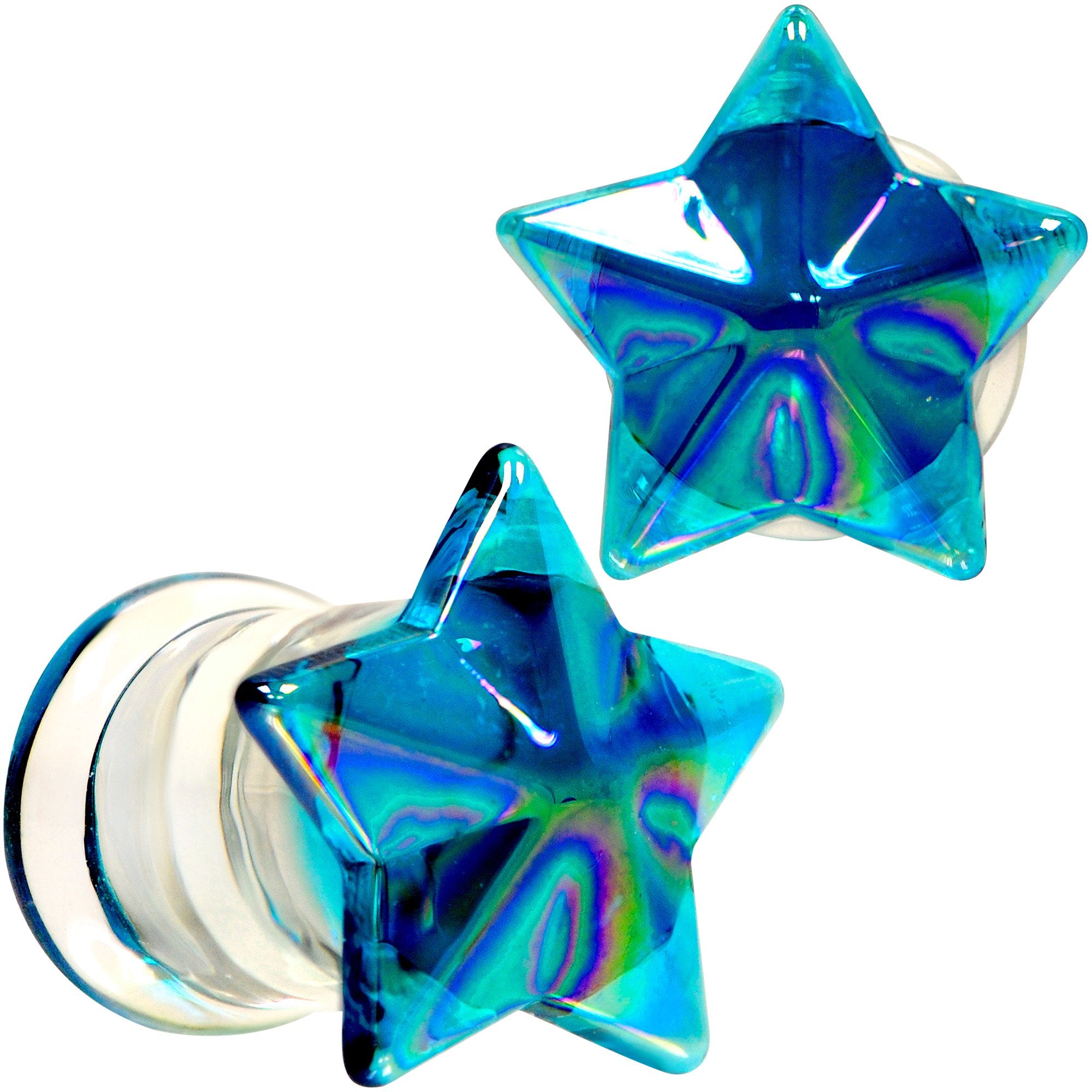 2 Gauge Blue Aurora Glass Faceted Star Double Flare Plug Set 6mm to 16mm Sizes