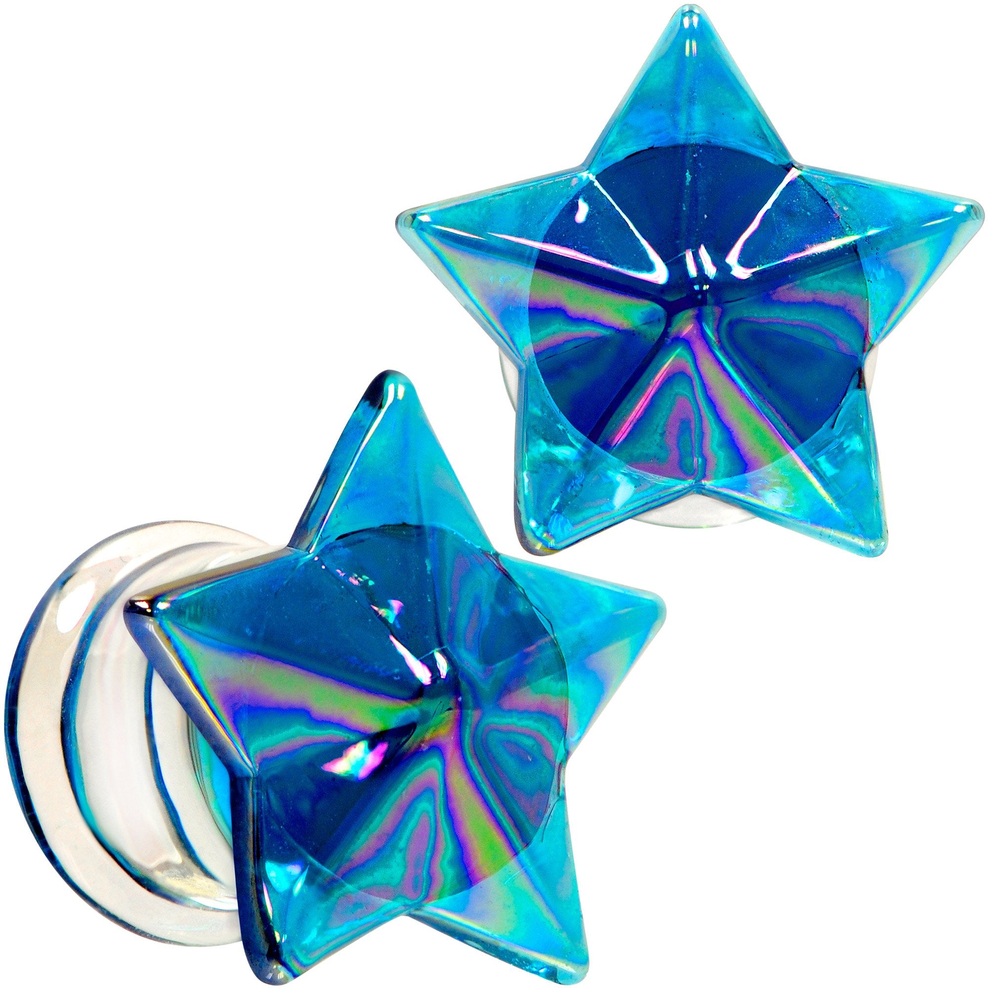 2 Gauge Blue Aurora Glass Faceted Star Double Flare Plug Set 6mm to 16mm Sizes