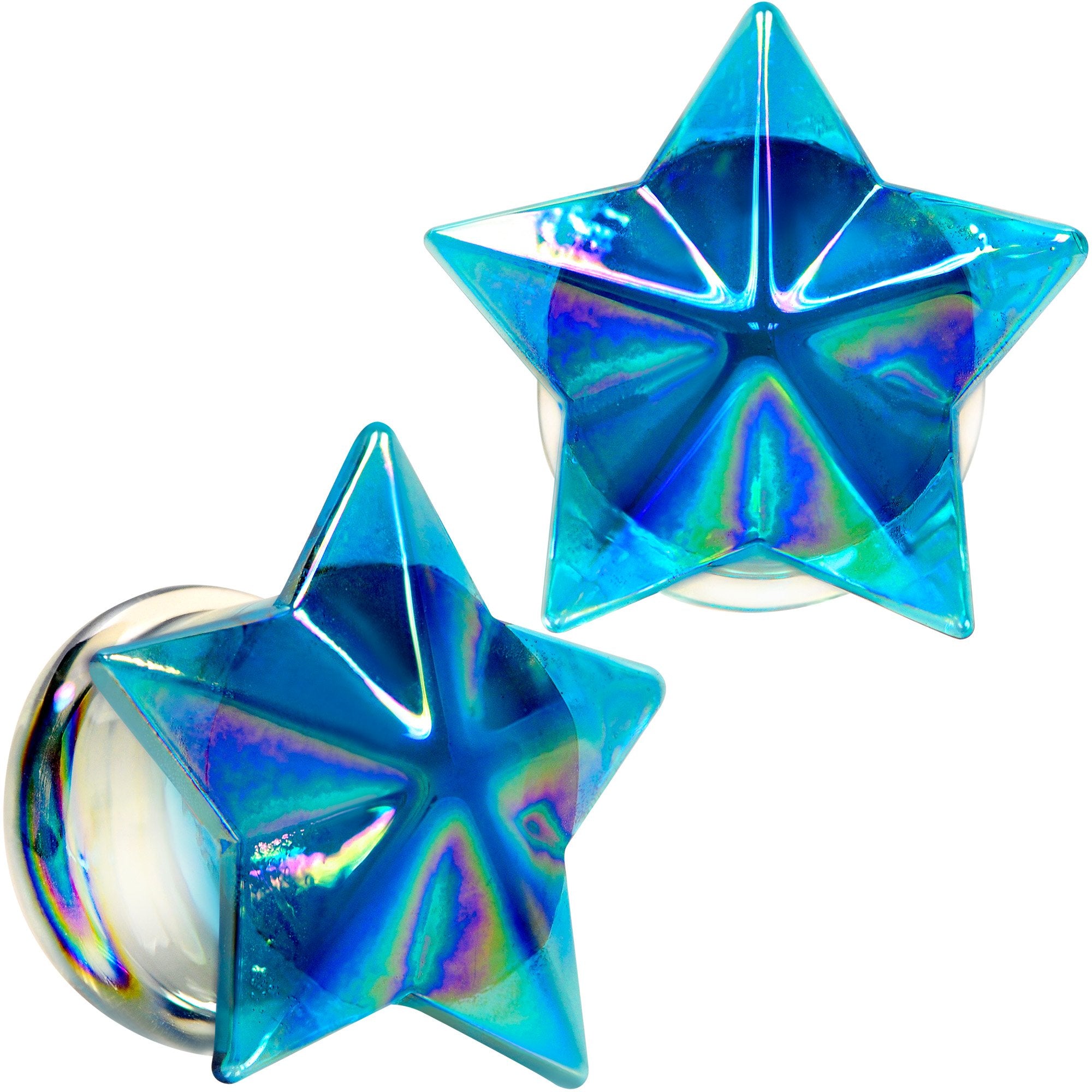 2 Gauge Blue Aurora Glass Faceted Star Double Flare Plug Set 6mm to 16mm Sizes