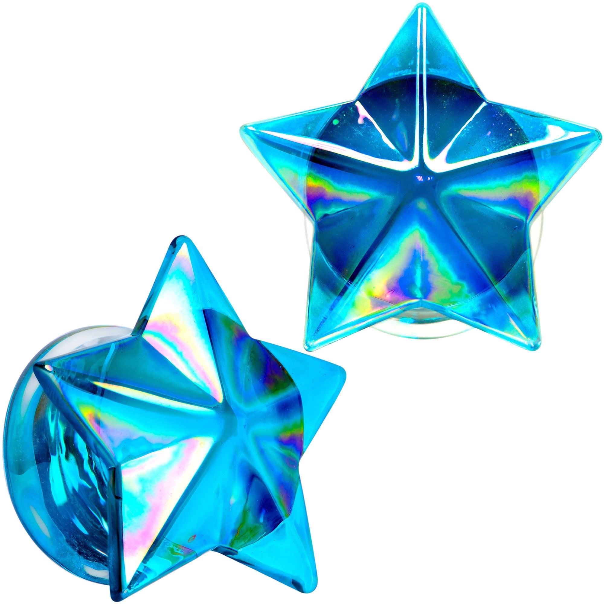 2 Gauge Blue Aurora Glass Faceted Star Double Flare Plug Set 6mm to 16mm Sizes