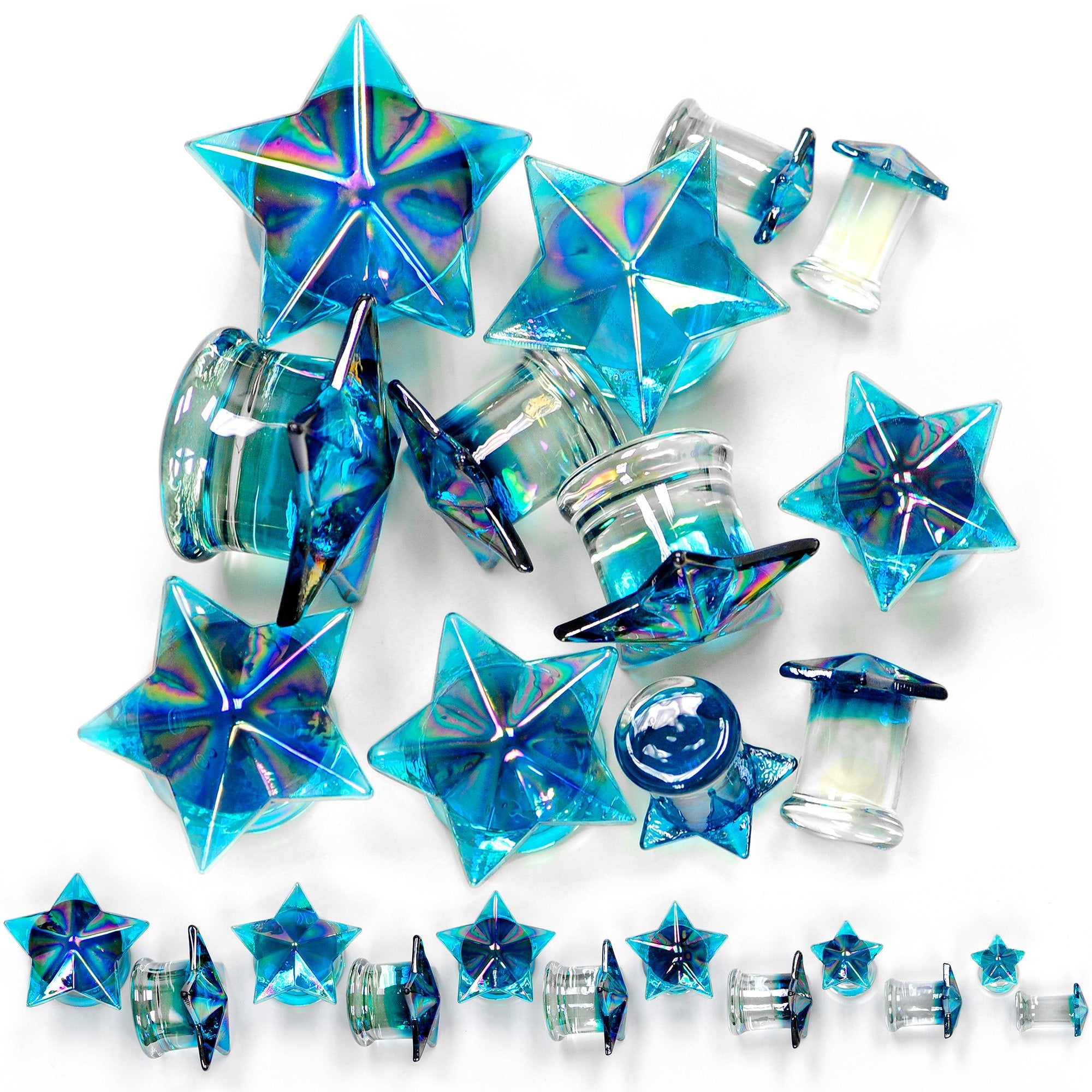 2 Gauge Blue Aurora Glass Faceted Star Double Flare Plug Set 6mm to 16mm Sizes