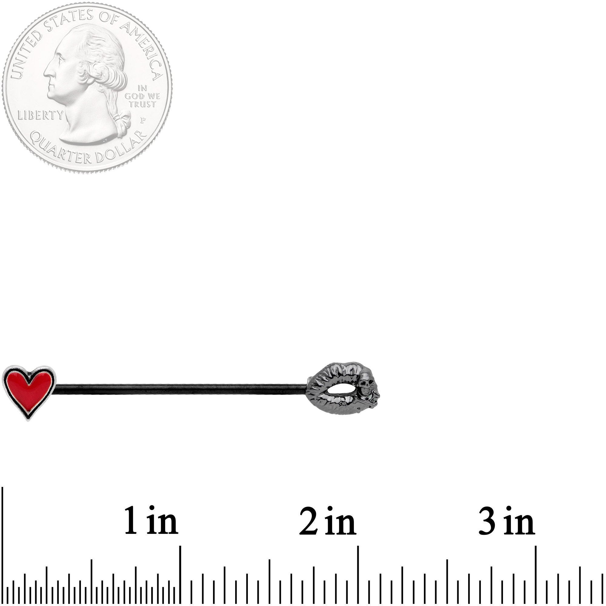 14 Gauge Red Heart Black Kiss of Death Industrial Barbell 38mm