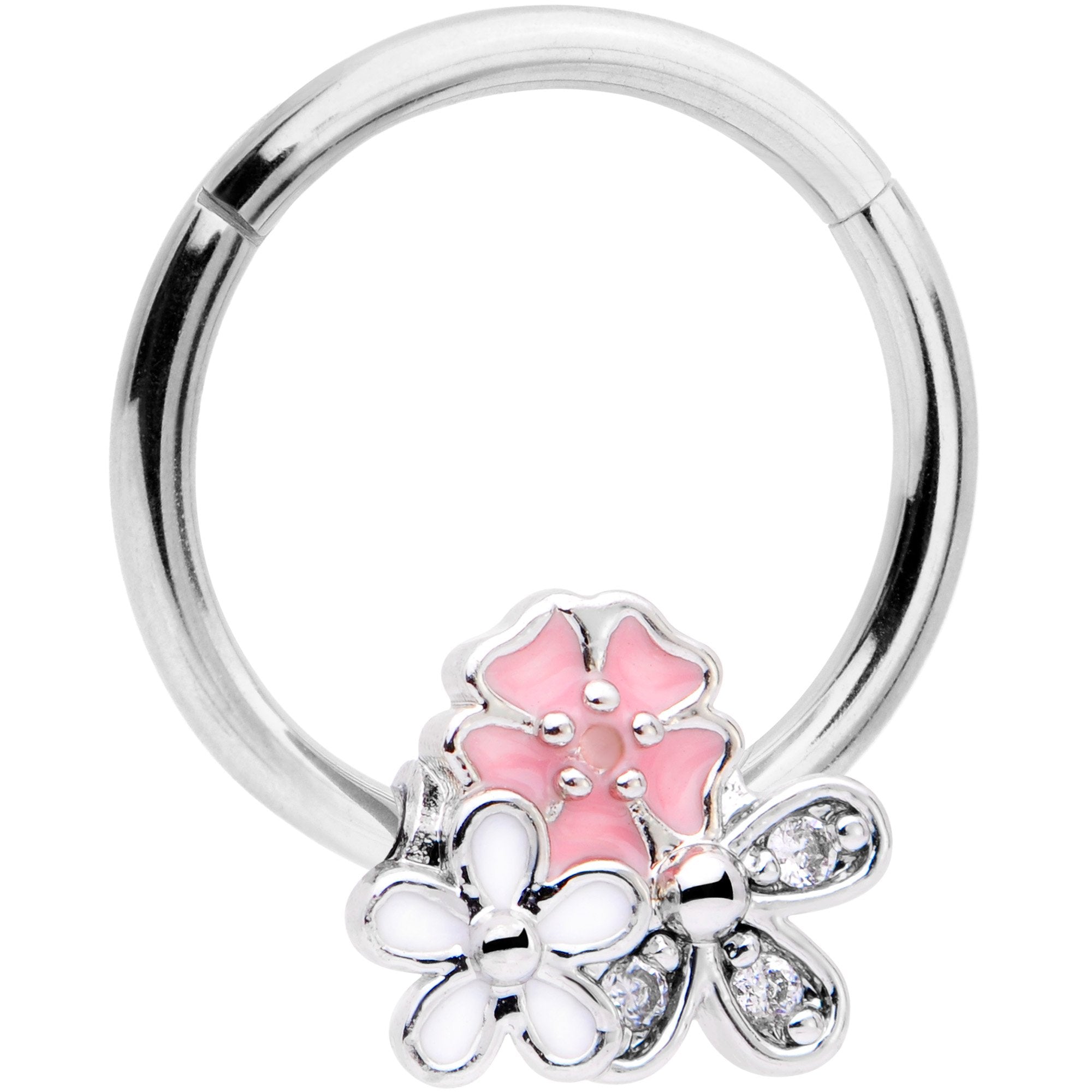 16 Gauge 3/8 Clear CZ Gem Pink White Bouquet Hinged Segment Ring