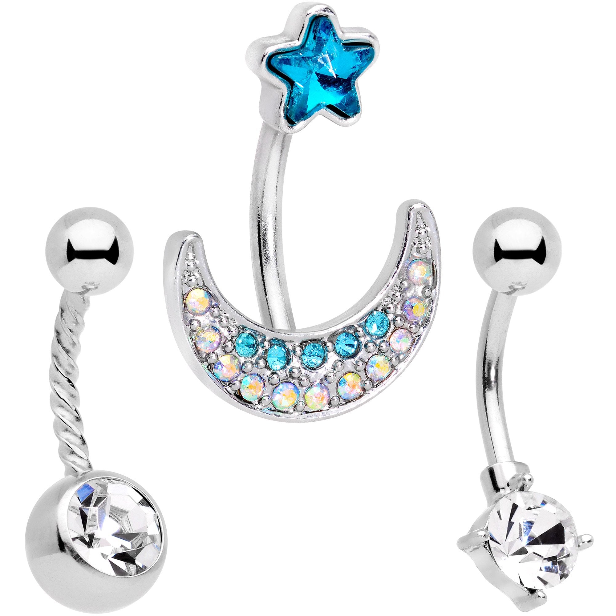 Clear Blue Aurora Gem Moon and Star Twisted Belly Ring Set of 3