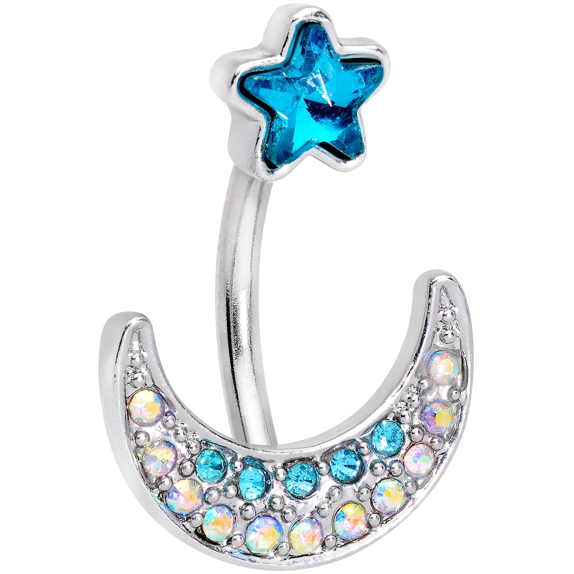 Clear Blue Aurora Gem Moon and Star Twisted Belly Ring Set of 3