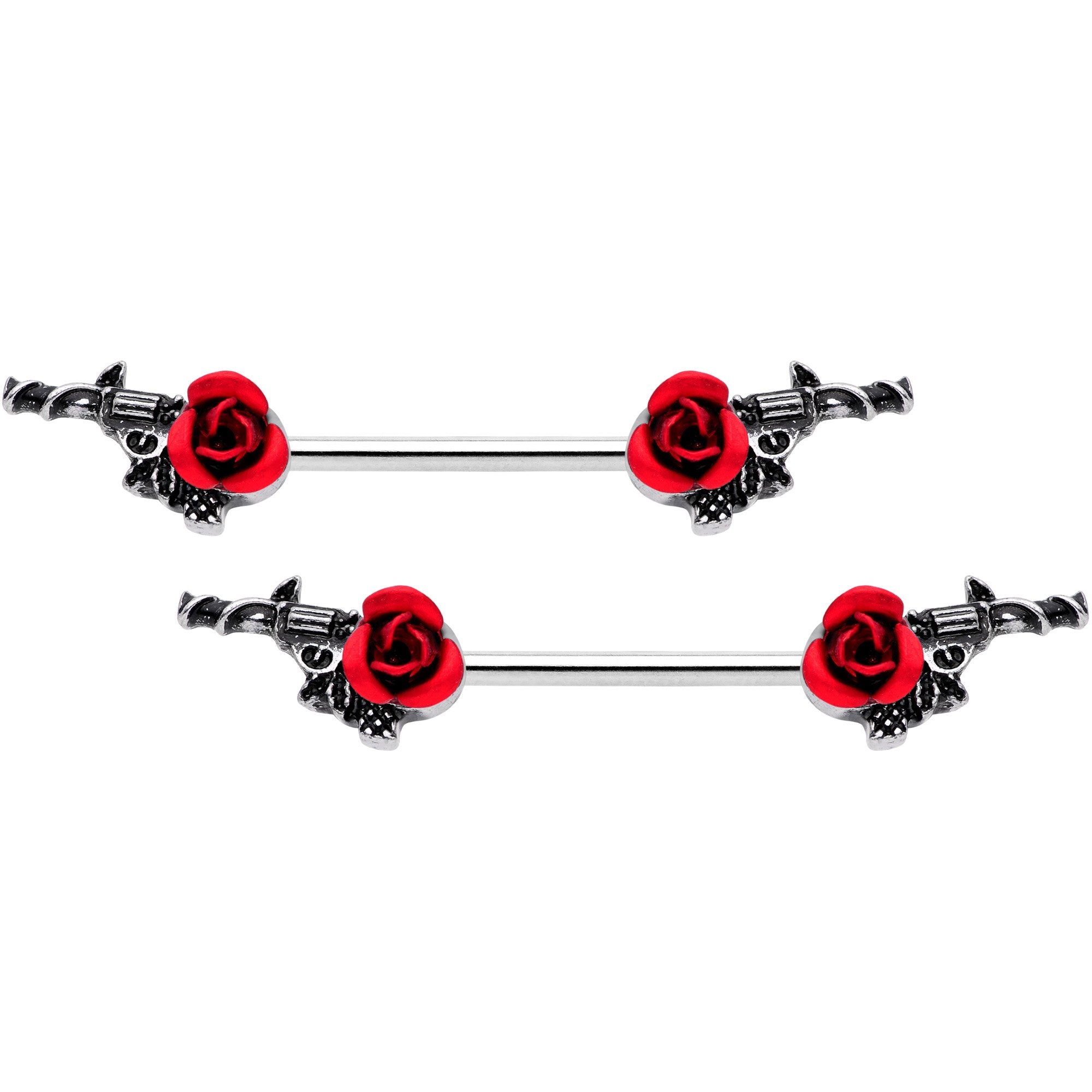 14 Gauge 9/16 Red Rose Flower and Gun Barbell Nipple Ring Set