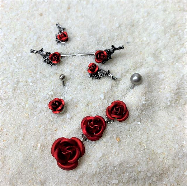 Clear Gem Red Rose Flower and Gun Dangle Belly Ring