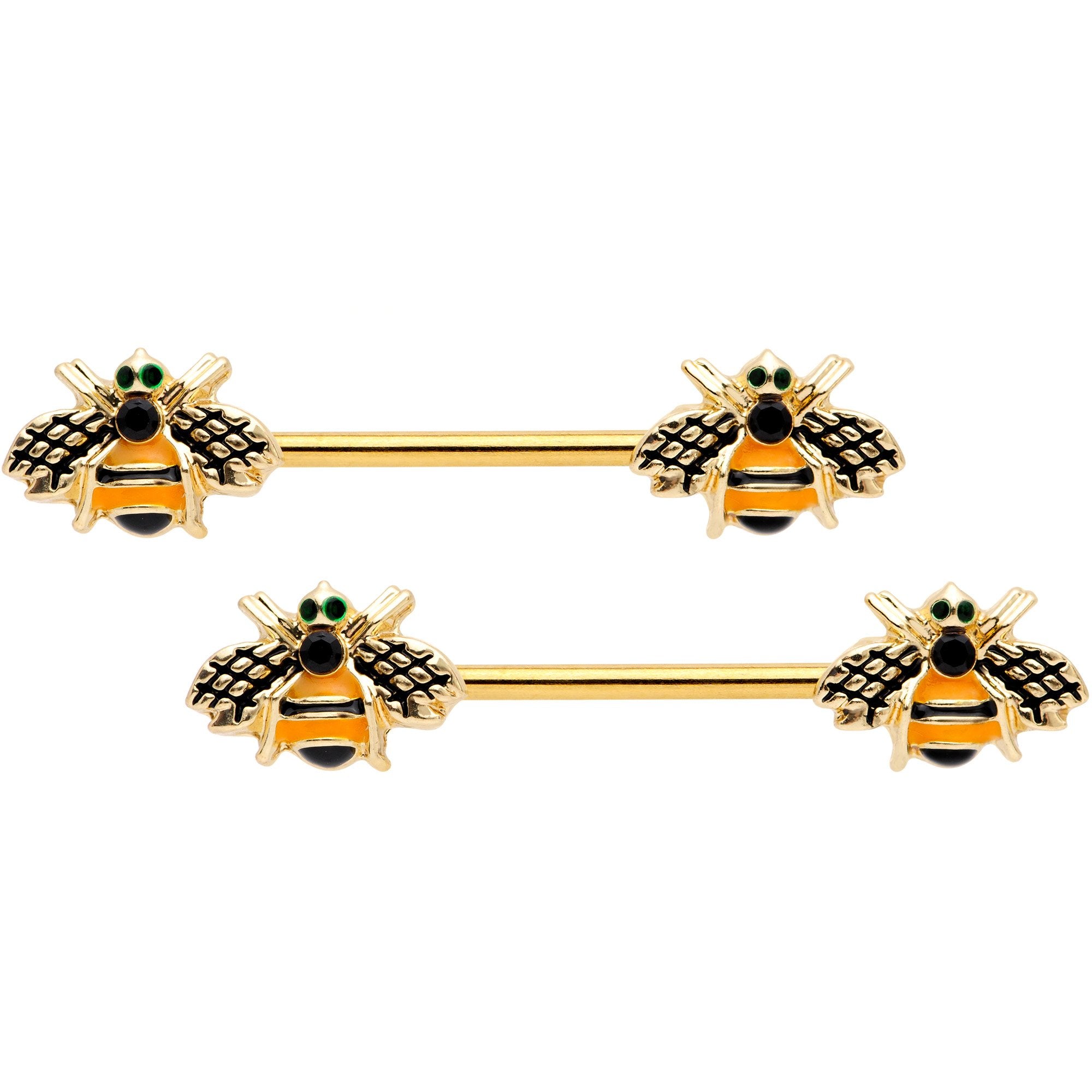 14 Gauge 9/16 Black Gem Gold Tone Bumblebees Barbell Nipple Ring Set