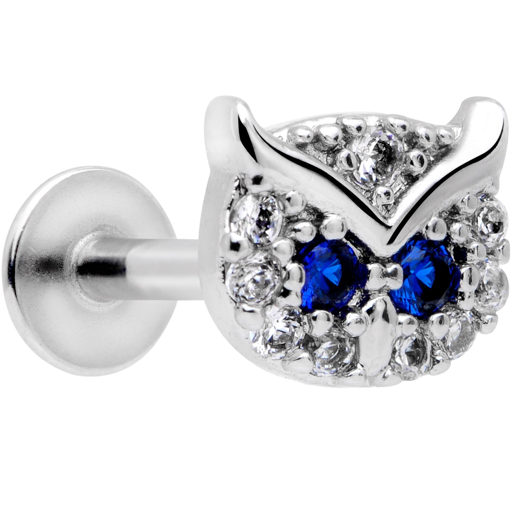 16 Gauge 5/16 Blue Clear CZ Gem Wise Owl Labret Moroe Tragus