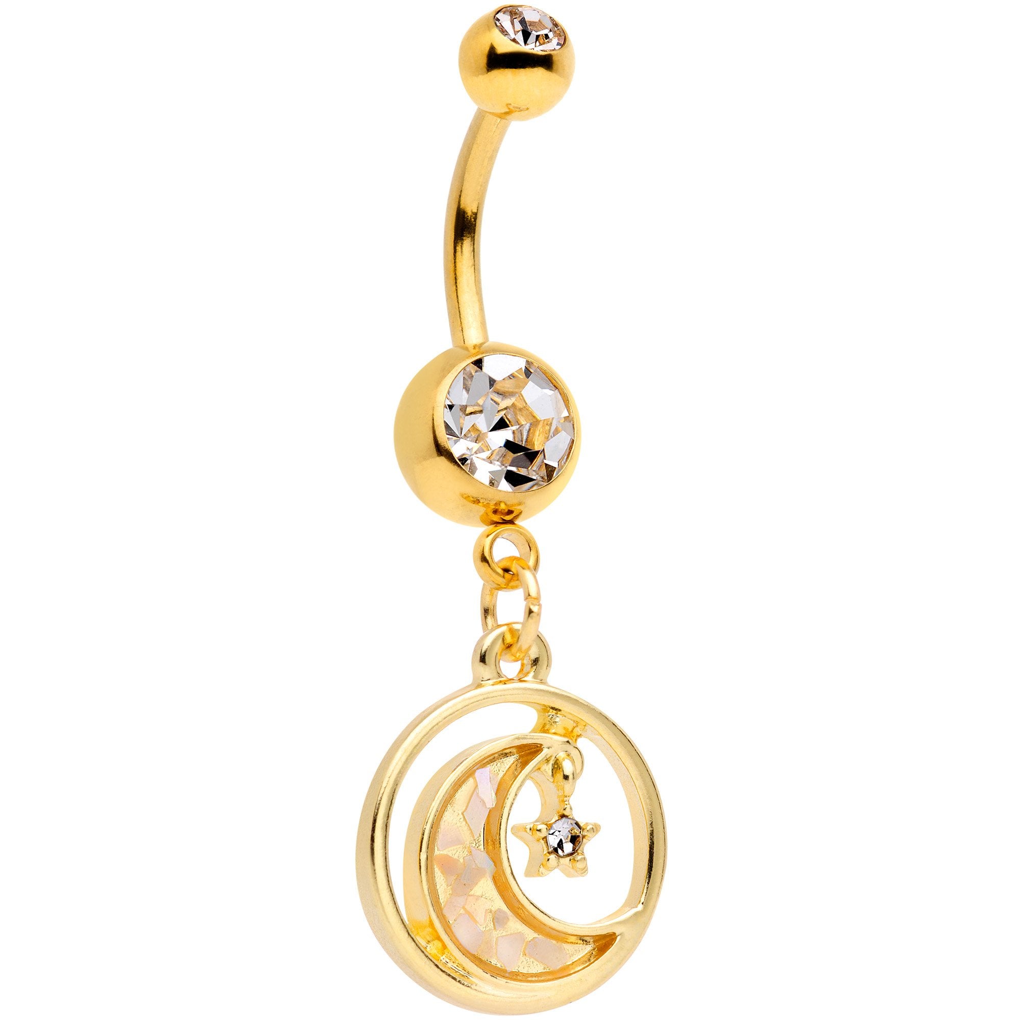 Clear Gem Gold Tone Crescent Moon Hanging Star Dangle Belly Ring