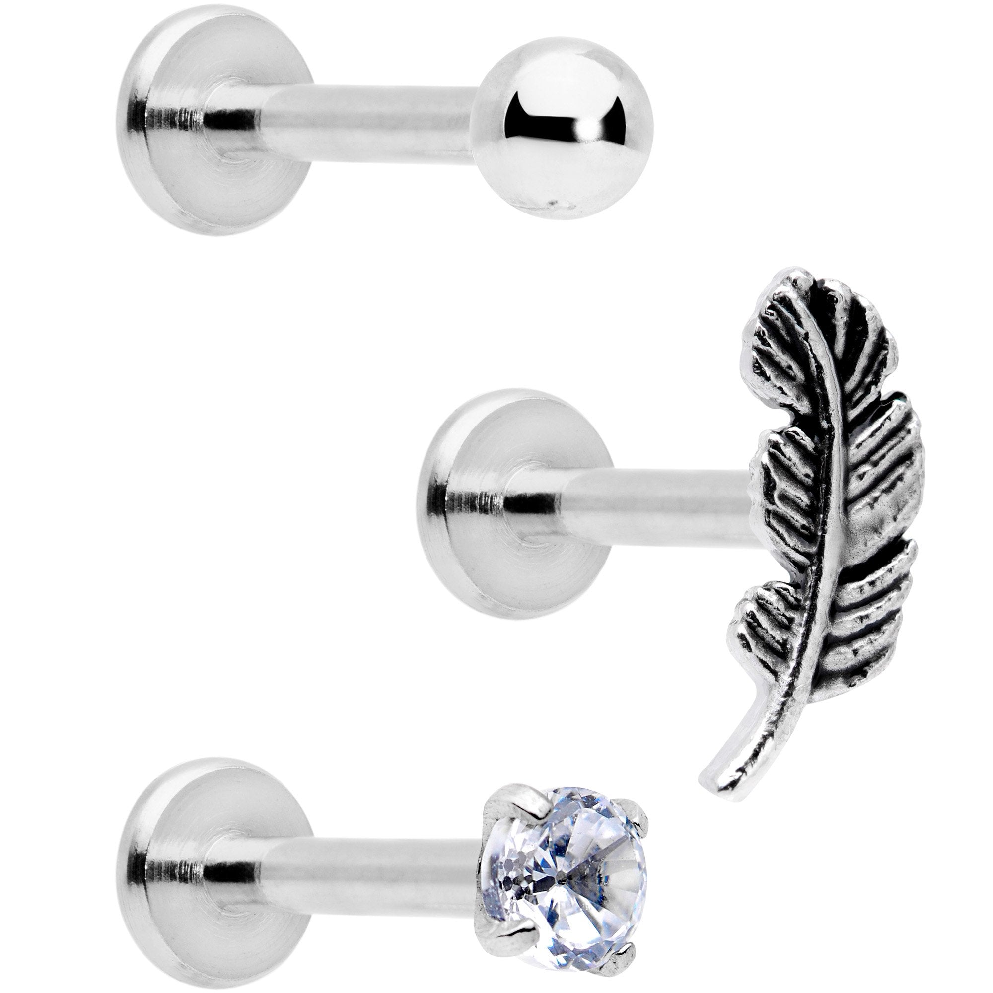 16 Gauge 5/16 Clear Gem Feather Internally Threaded Labret Set of 3