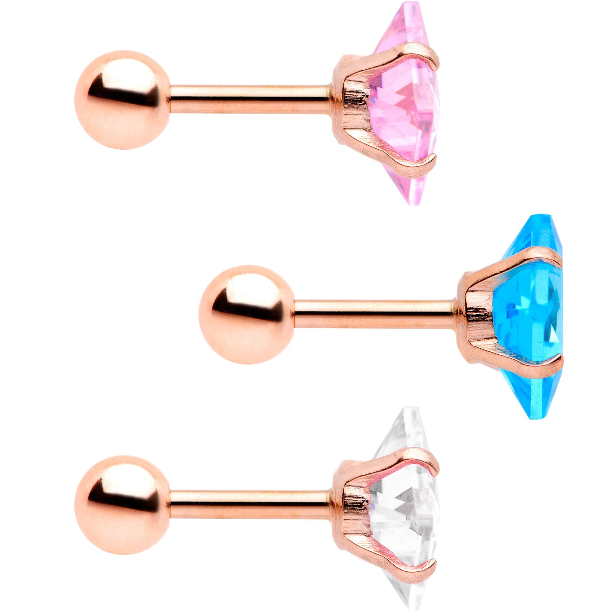 16 Gauge 1/4 Color CZ Gem Rose Gold Tone Cartilage Tragus Set of 3