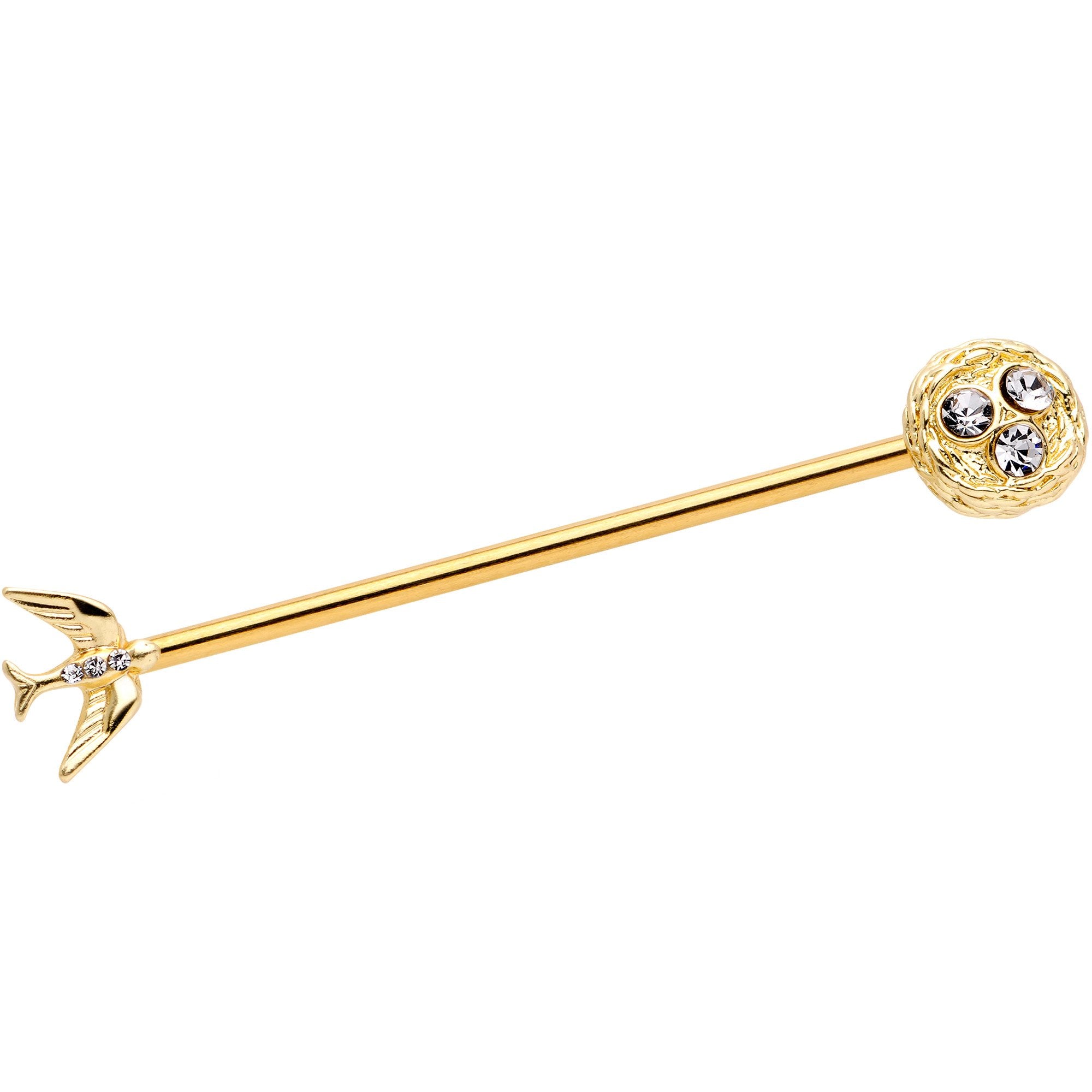 14 Gauge Clear Gem Gold Tone Bird Nest Industrial Barbell 38mm