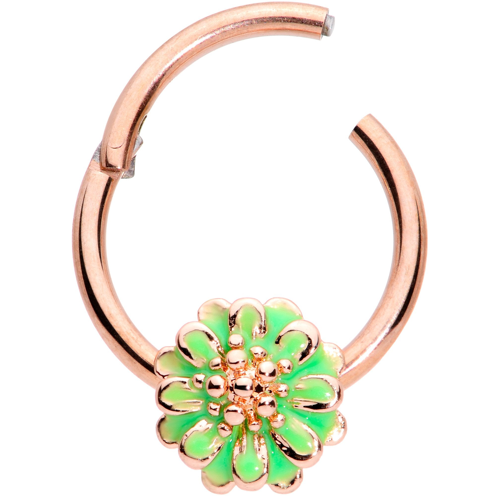 16 Gauge 3/8 Rose Gold Tone Green Flower Hinged Segment Ring