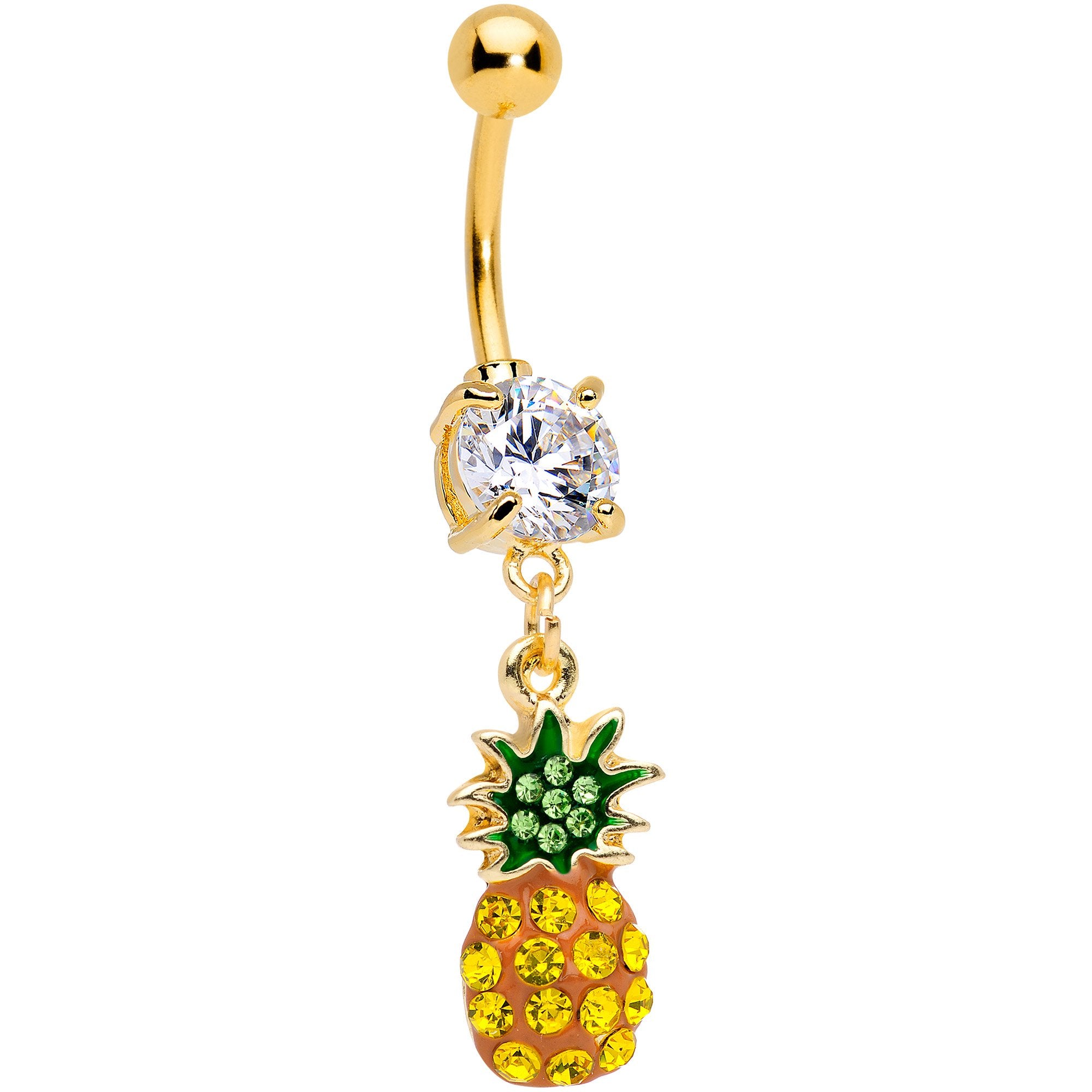 Clear Yellow Green Gem Gold Tone Tropical Pineapple Dangle Belly Ring