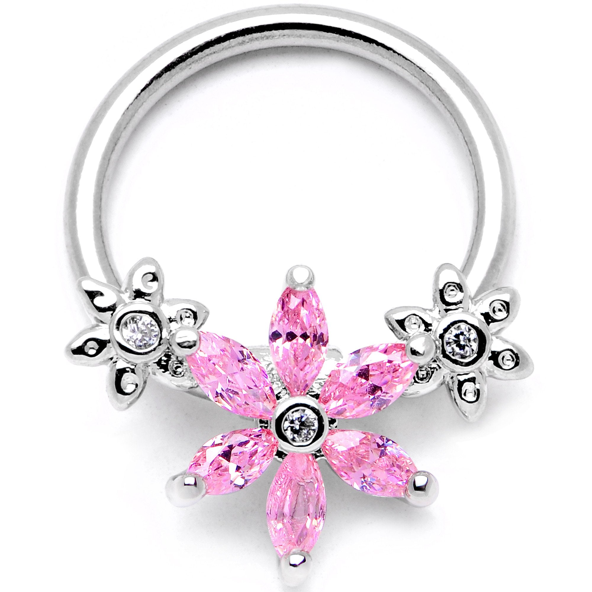 16 Gauge 3/8 Pink CZ Gem Flower BCR Captive Ring