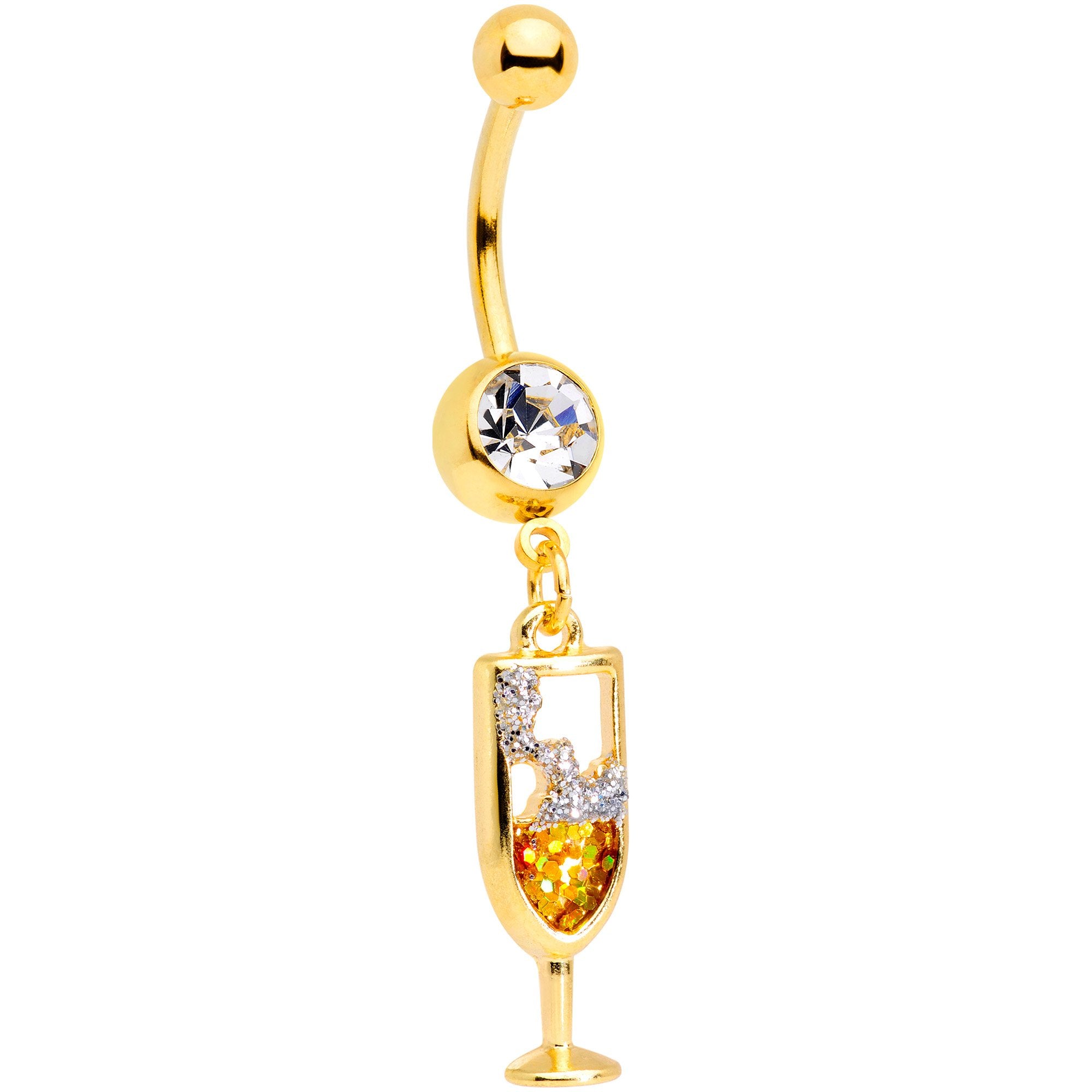 Clear Gem Gold Tone Glass of Champagne Dangle Belly Ring