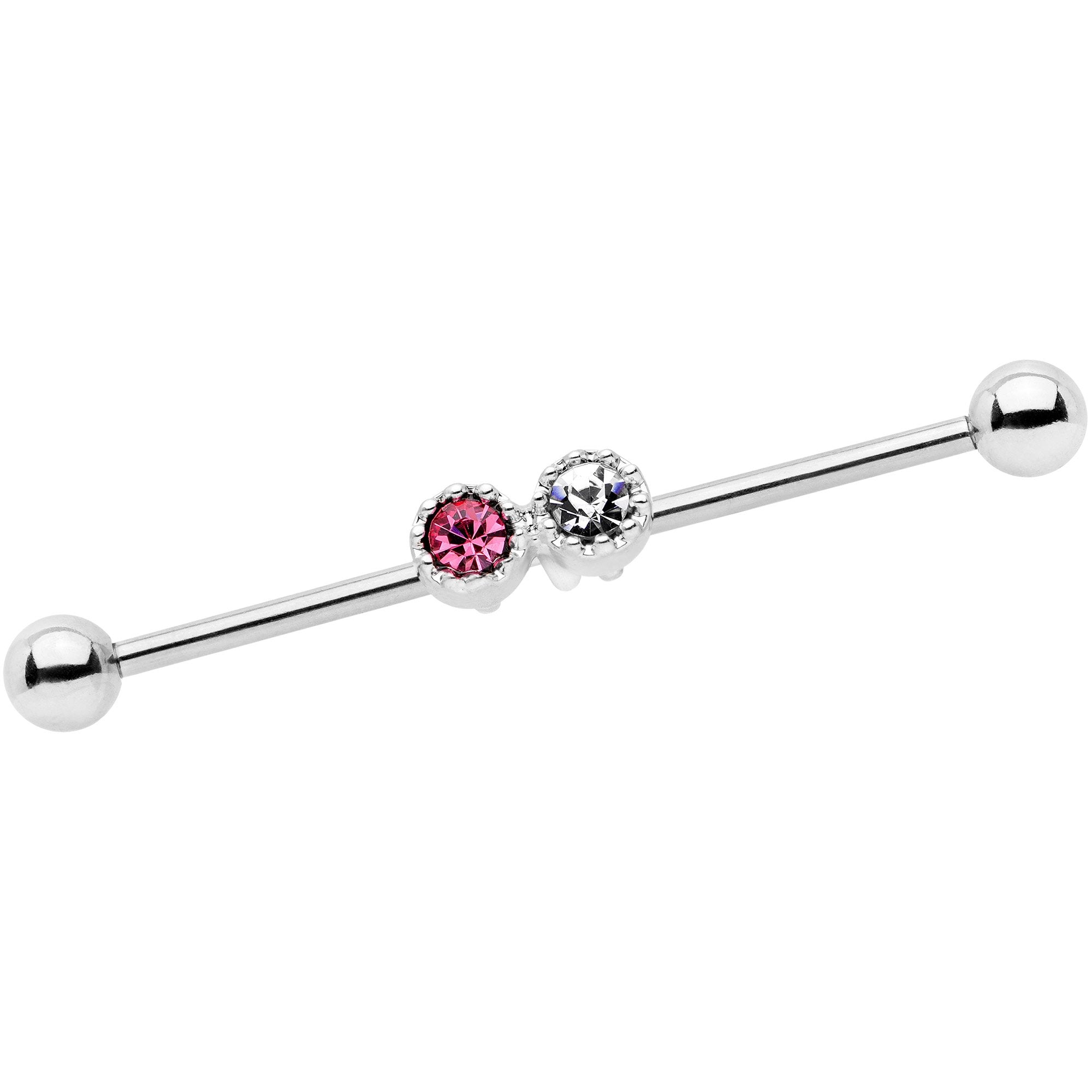14 Gauge Clear Pink Gem Double Drama Industrial Barbell 38mm