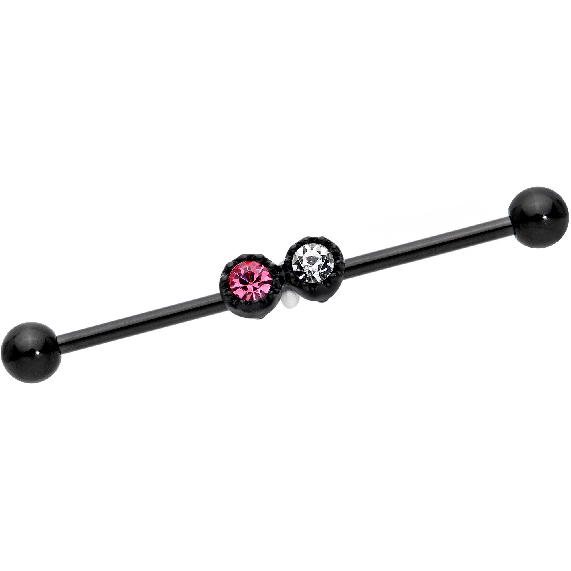 14 Gauge Clear Pink Gem Black Double Drama Industrial Barbell 38mm