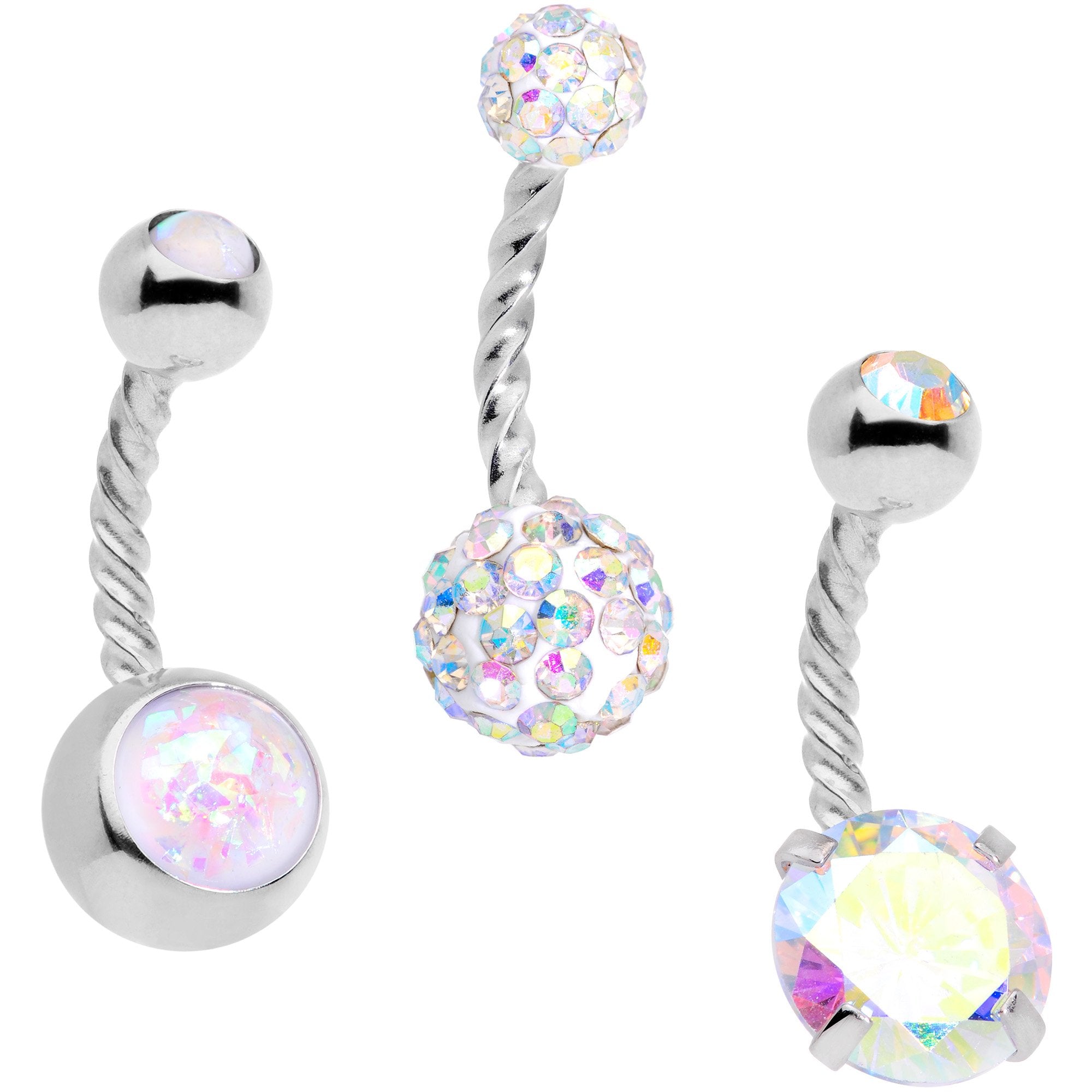 Aurora Gem White Faux Opal Disco Ball Twisted Belly Ring Set of 3