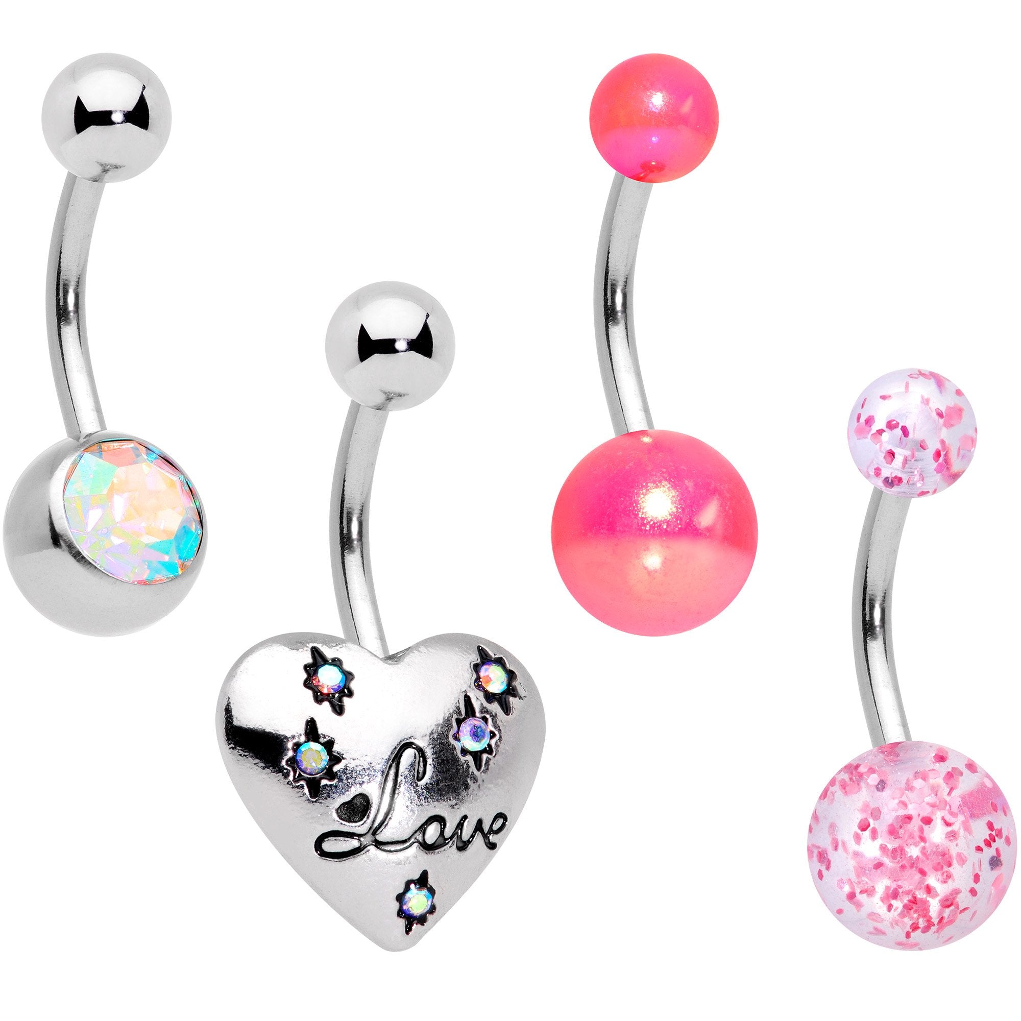 Aurora Gem Pink Pearlescent Glitter Heart Belly Ring Set of 4