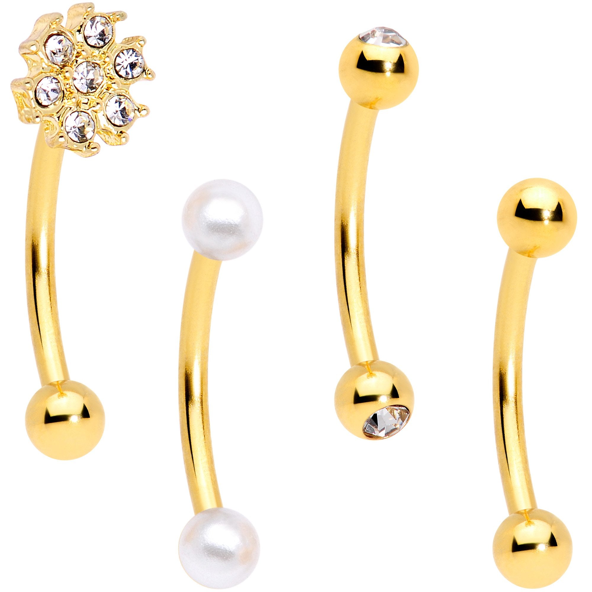 16 Gauge 5/16 Clear Gem Flower Gold Tone Curved Eyebrow Ring Set of 4