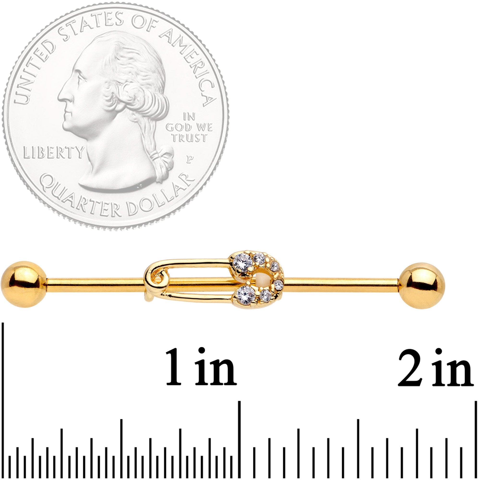 14 Gauge Clear CZ Gem Gold Tone Safety Pin Industrial Barbell 38mm