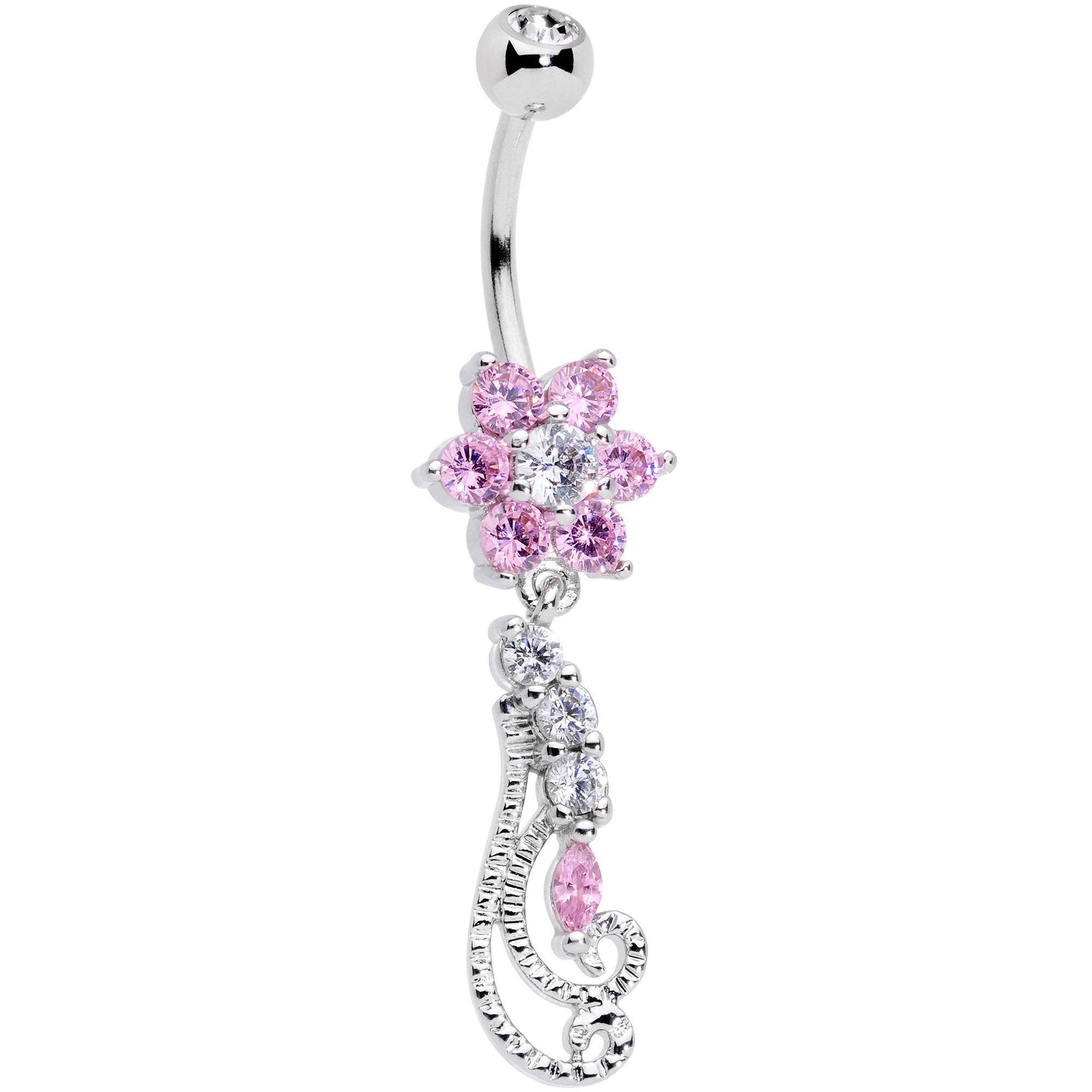 Clear Pink CZ Gem Floral Flourish Dangle Belly Ring