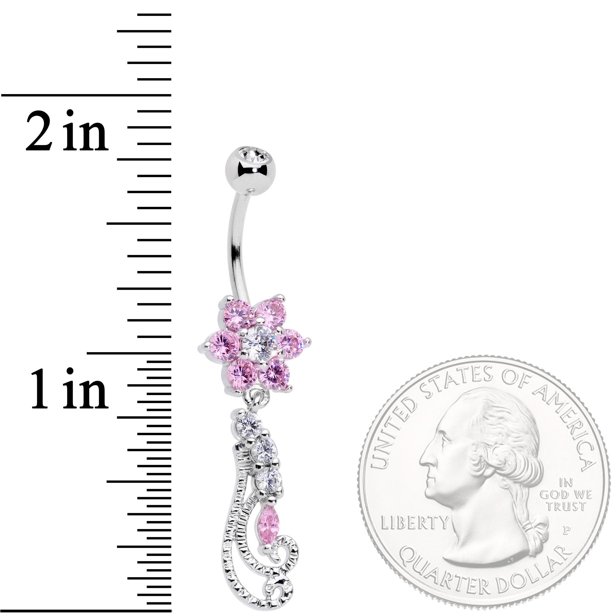 Clear Pink CZ Gem Floral Flourish Dangle Belly Ring