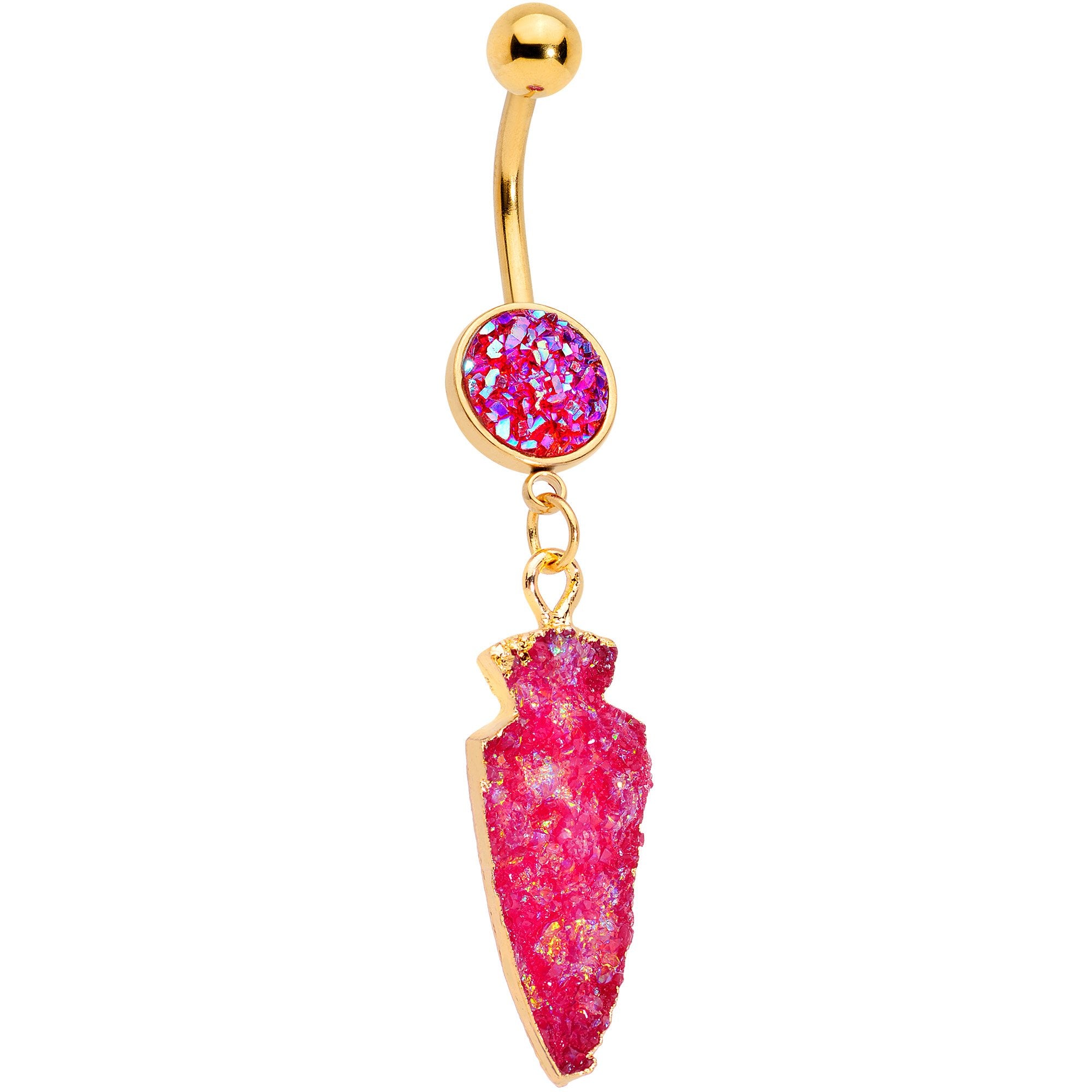 Pink Faux Druzy Gold Tone Arrowhead Dangle Belly Ring