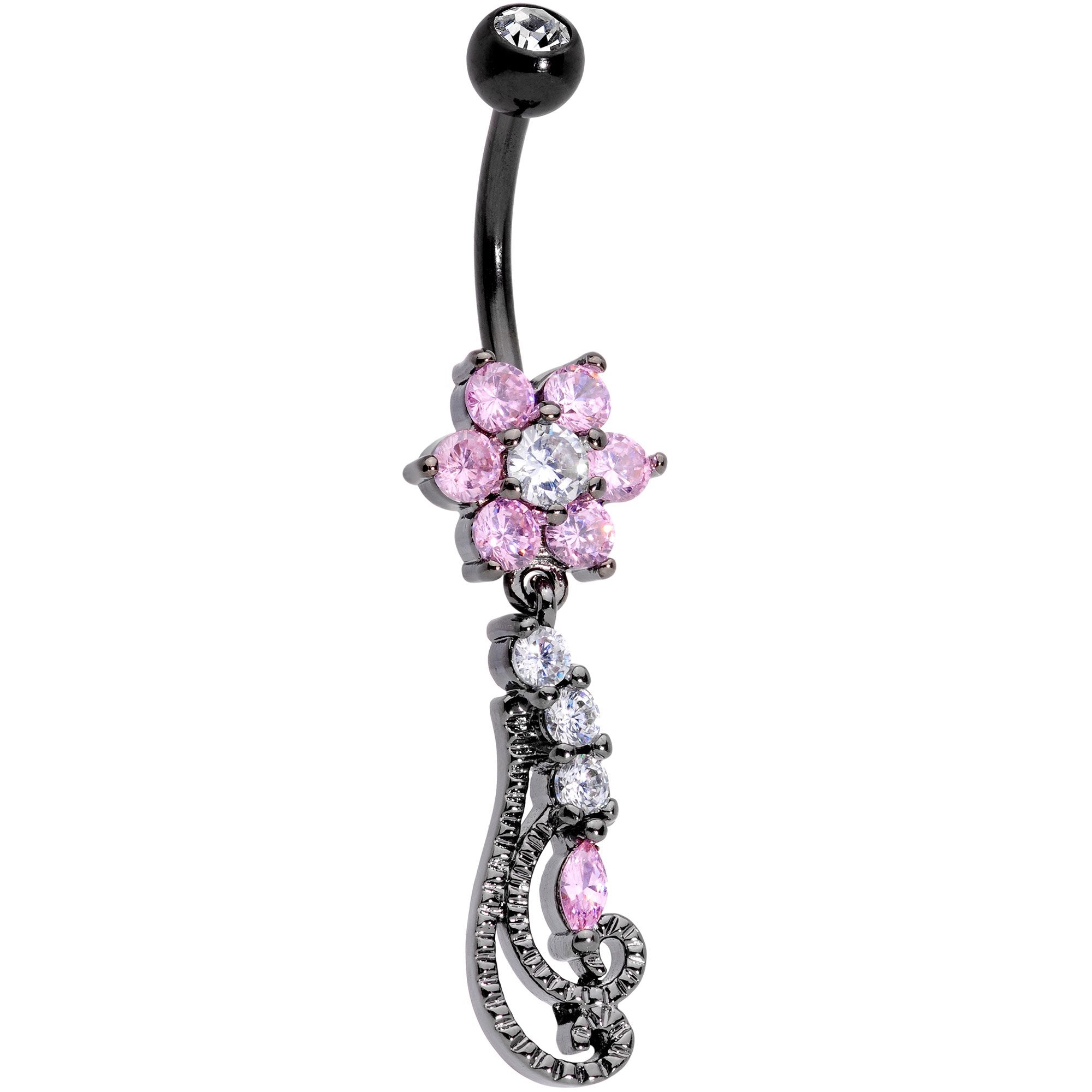 Clear Pink CZ Black Anodized Floral Flourish Dangle Belly Ring