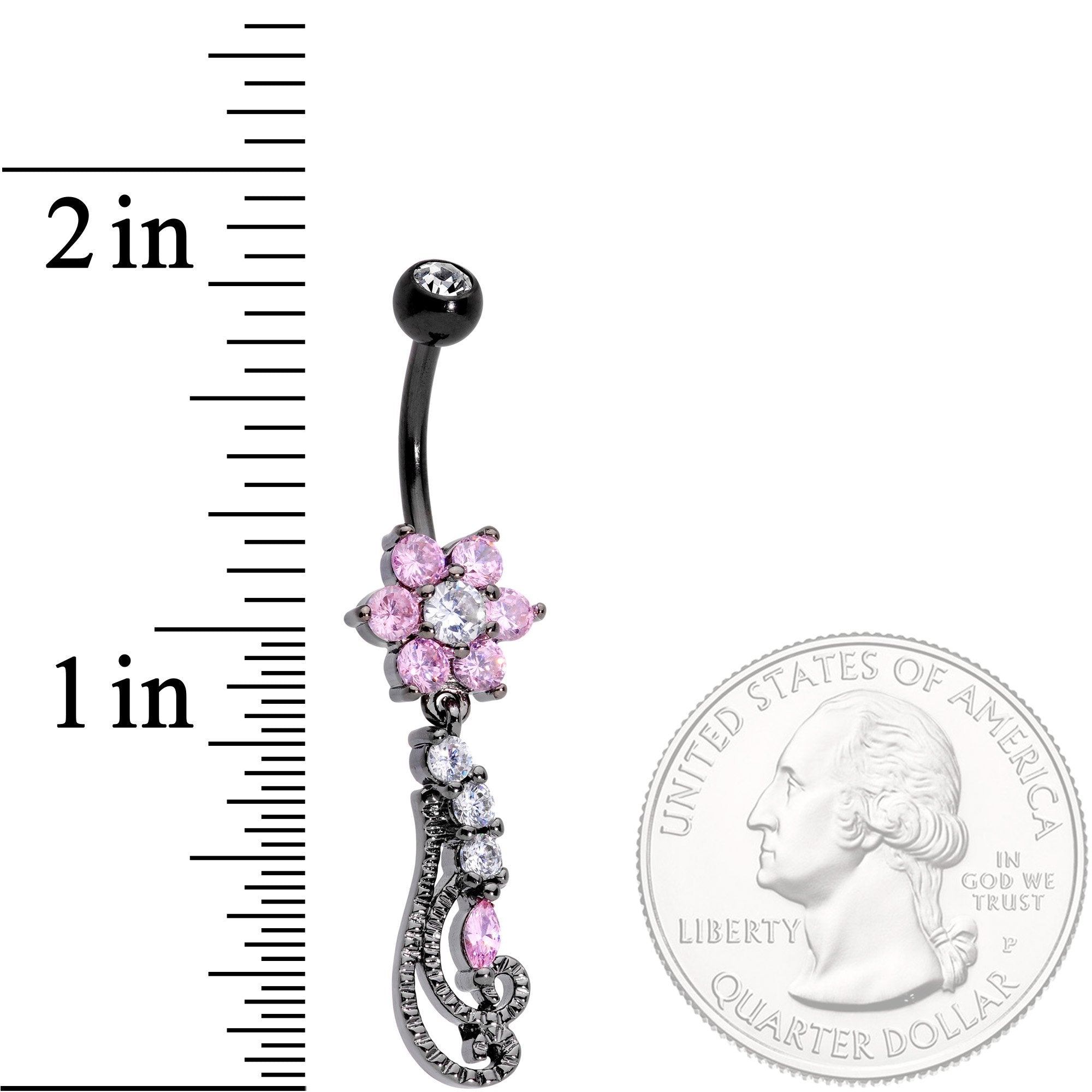 Clear Pink CZ Black Anodized Floral Flourish Dangle Belly Ring