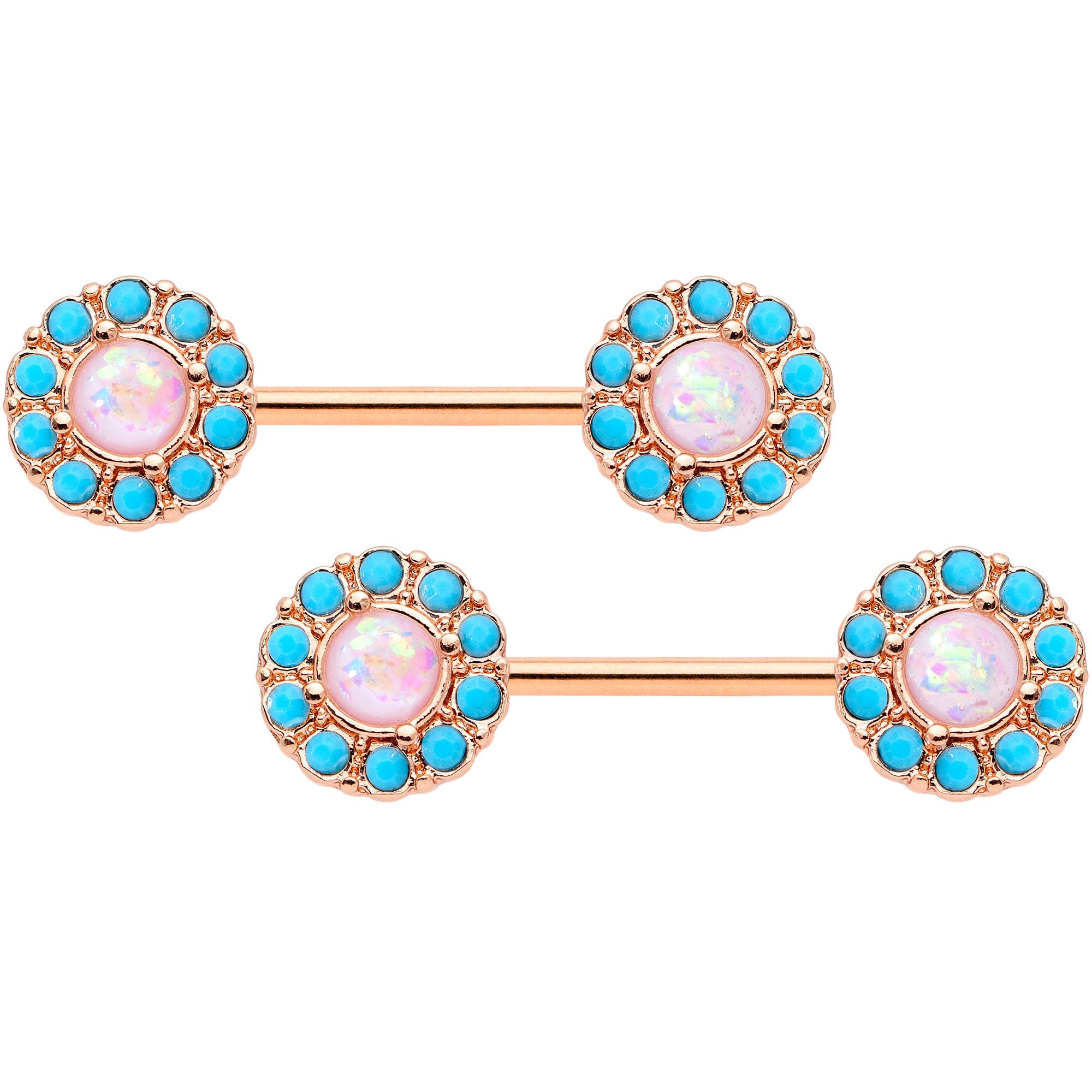 14 Gauge 9/16 White Faux Opal Gold Tone Southwestern Nipple Ring Set