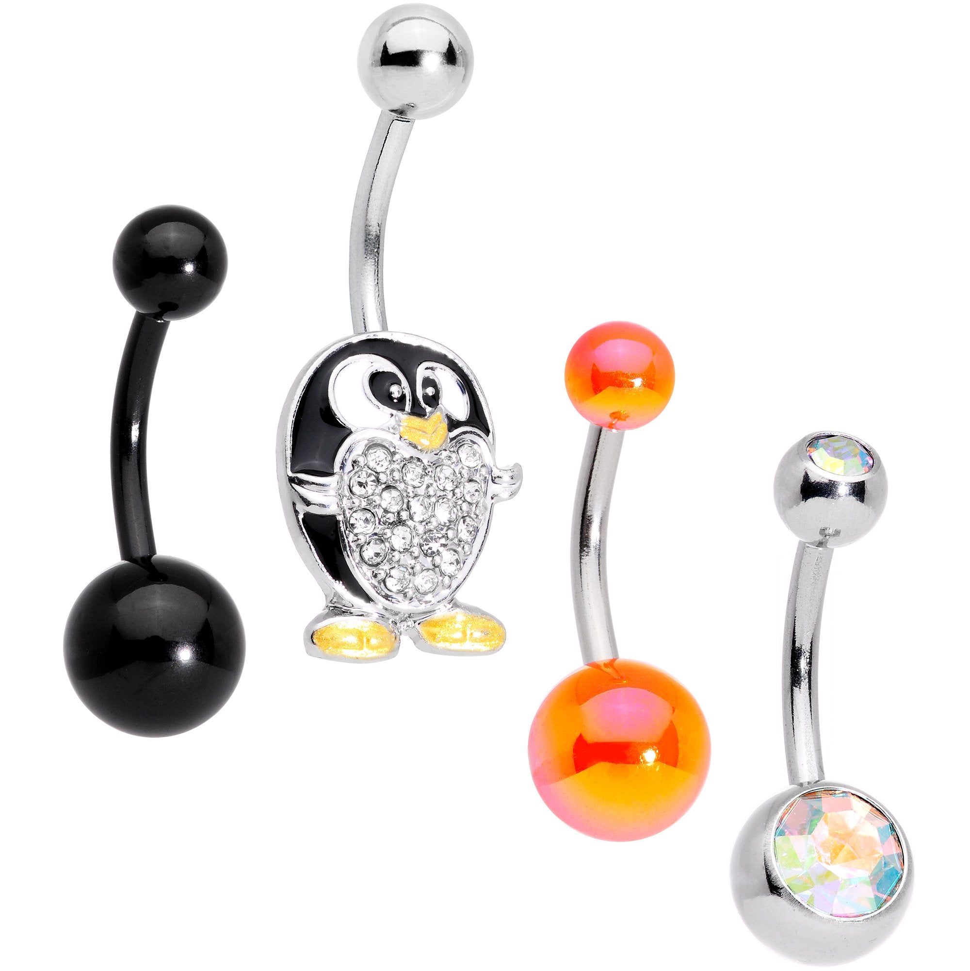 Clear Aurora Gem Variety Party Penguin Belly Ring Set of 4