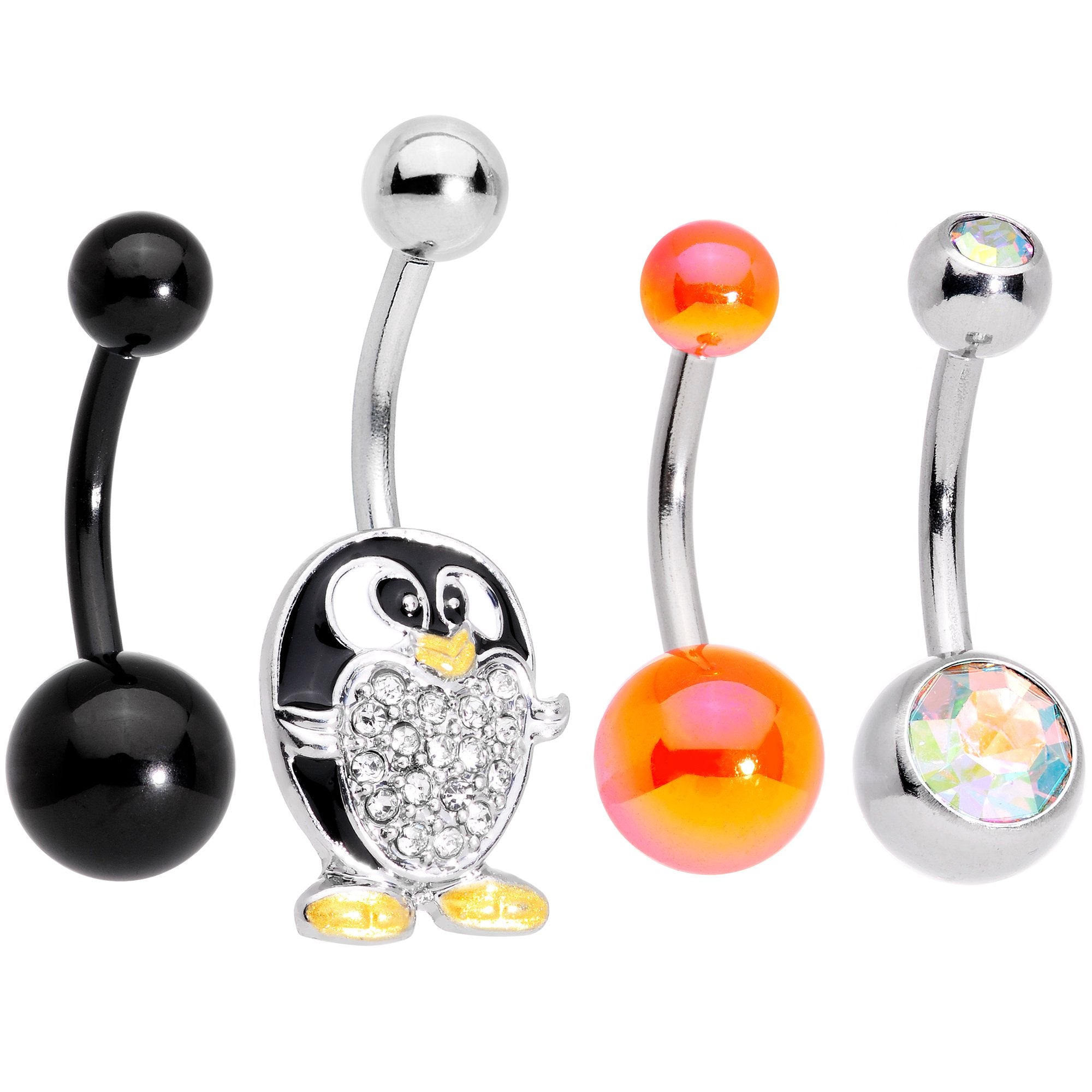 Clear Aurora Gem Variety Party Penguin Belly Ring Set of 4