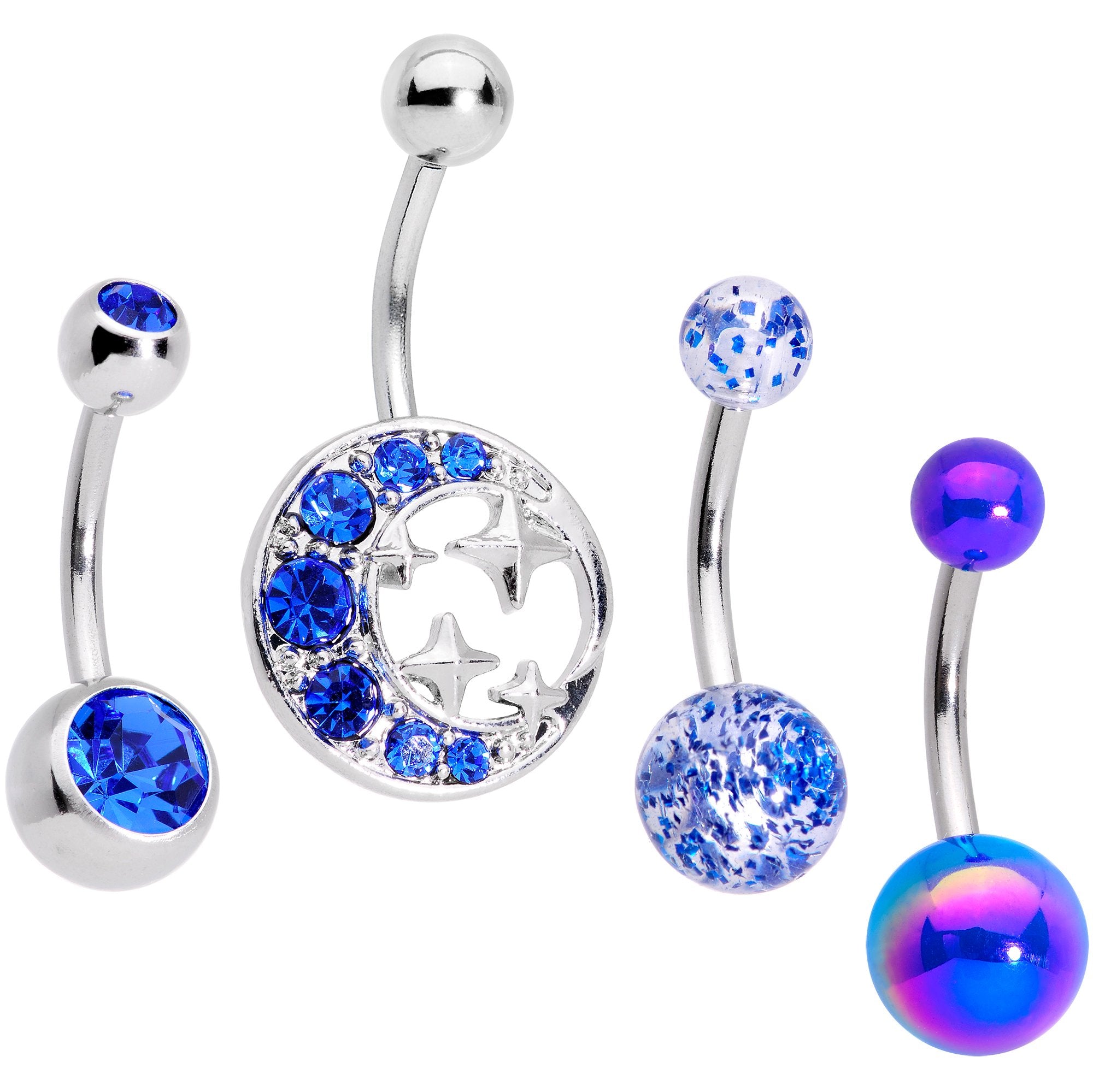 Blue Gem Variety Party Crescent Moon Star Belly Ring Set of 4