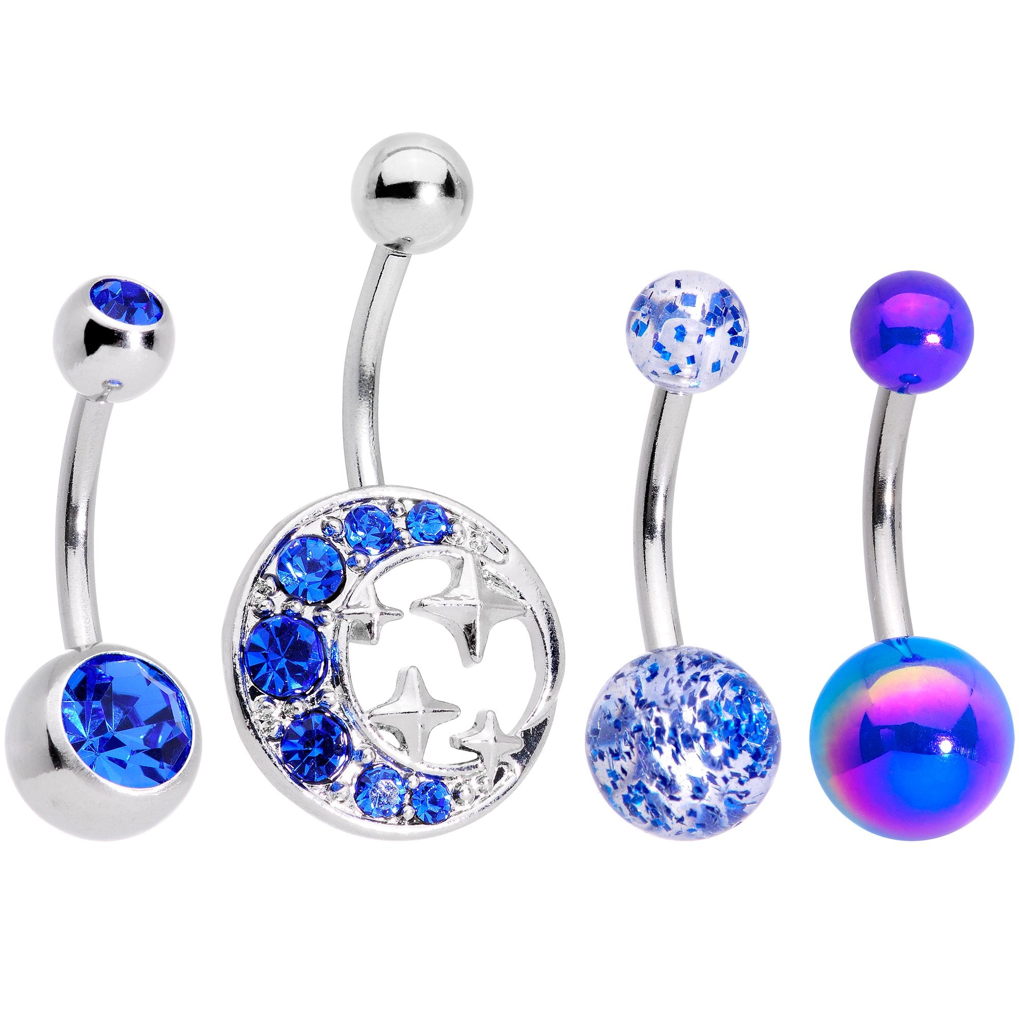 Blue Gem Variety Party Crescent Moon Star Belly Ring Set of 4