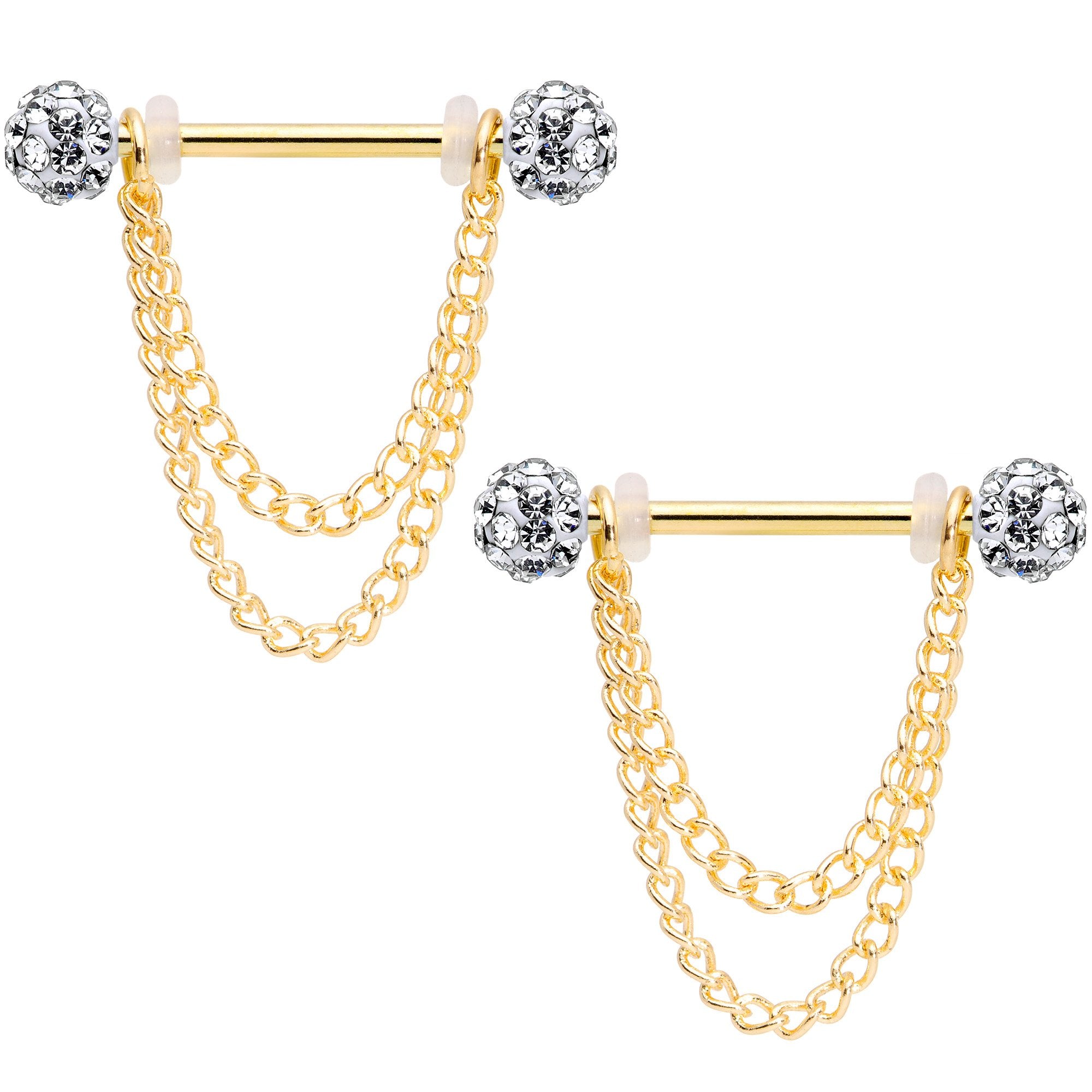 14 Gauge Clear Gem End Gold Tone Chain Dangle Nipple Ring Set