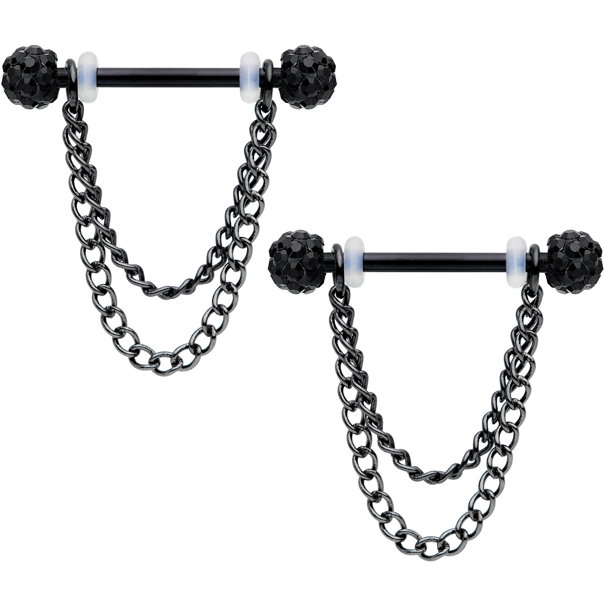 14 Gauge Black Gem End Black Chain Dangle Nipple Ring Set