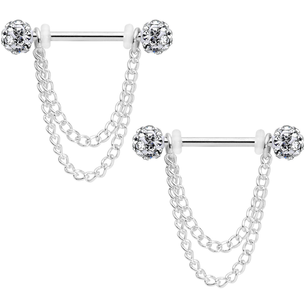 14 Gauge Clear Gem End Chain Dangle Nipple Ring Set