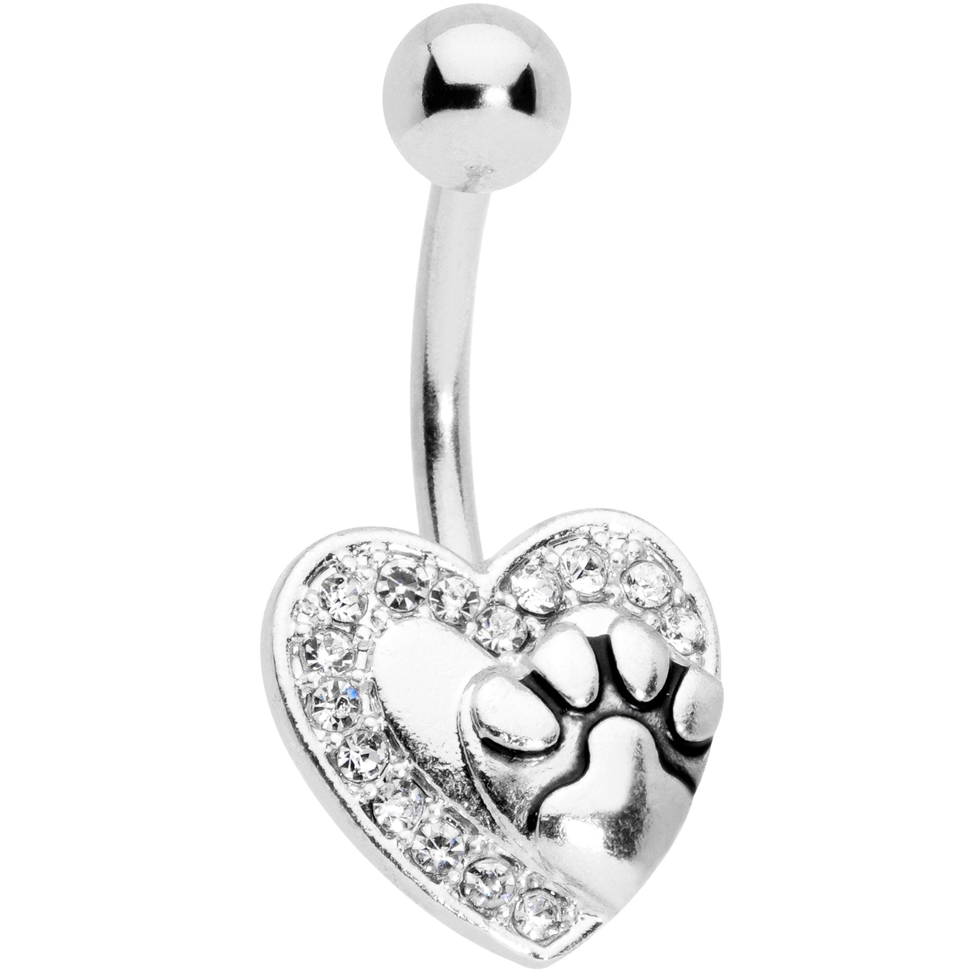 Clear Gem Dog Paw Print Heart Puppy Love Belly Ring