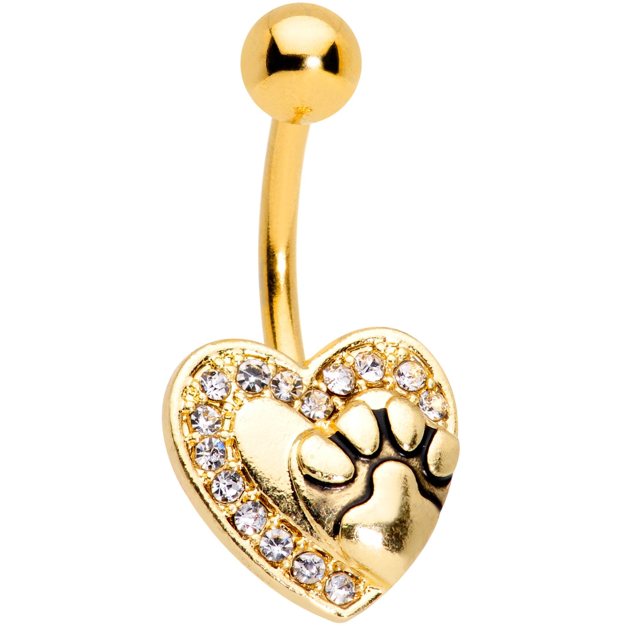 Clear Gem Gold Tone Dog Paw Print Heart Puppy Love Belly Ring