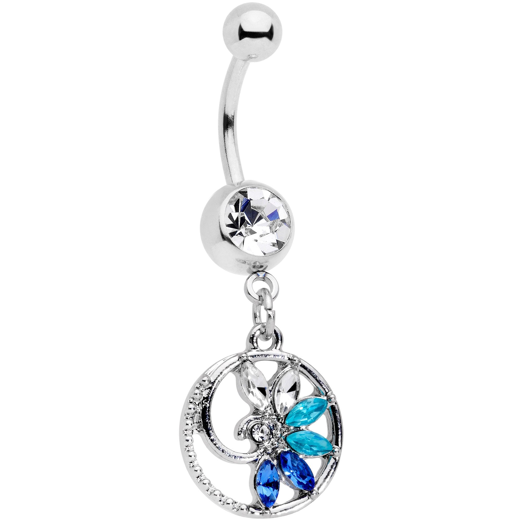 Blue Clear Gem Tropical Flower Swirl Dangle Belly Ring