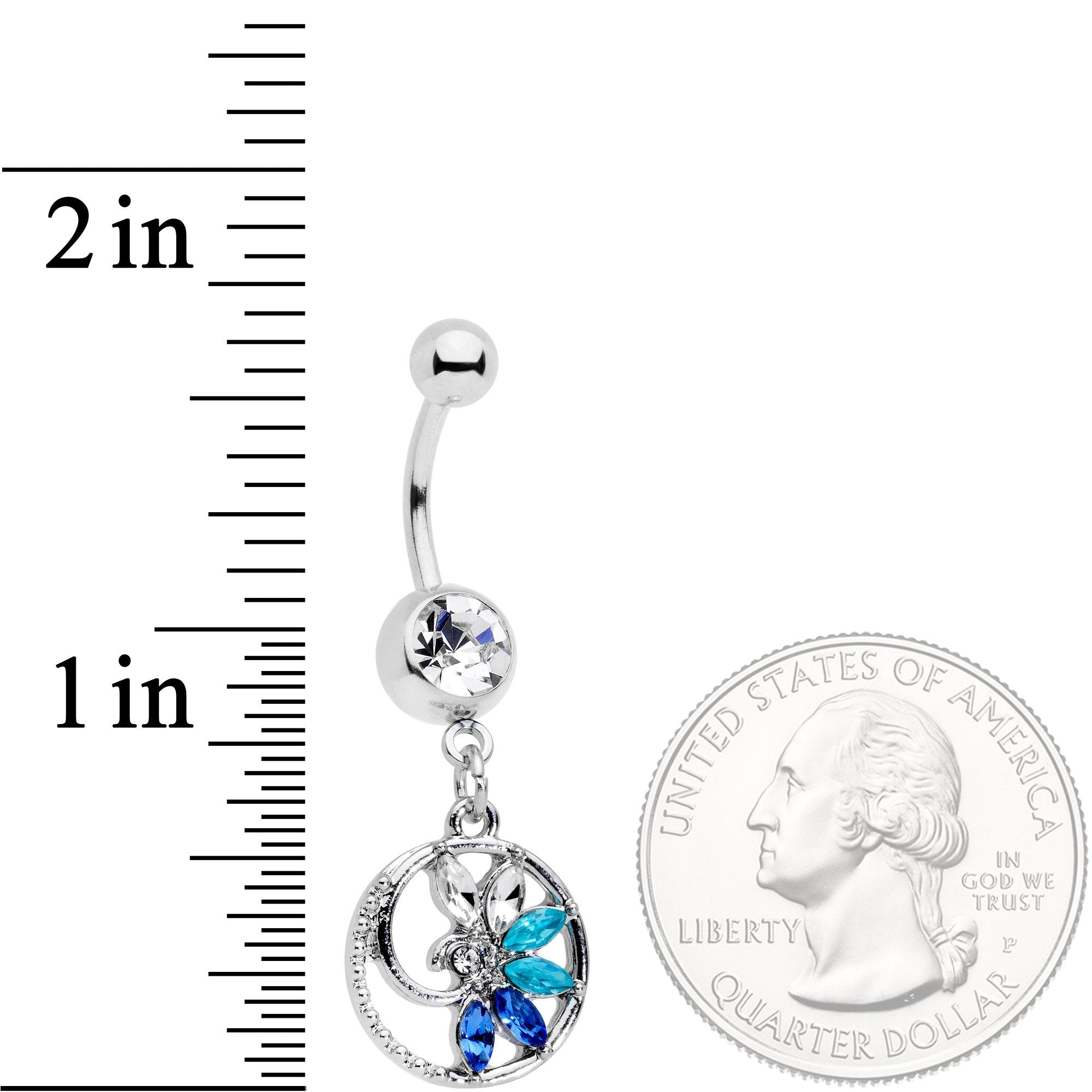 Blue Clear Gem Tropical Flower Swirl Dangle Belly Ring