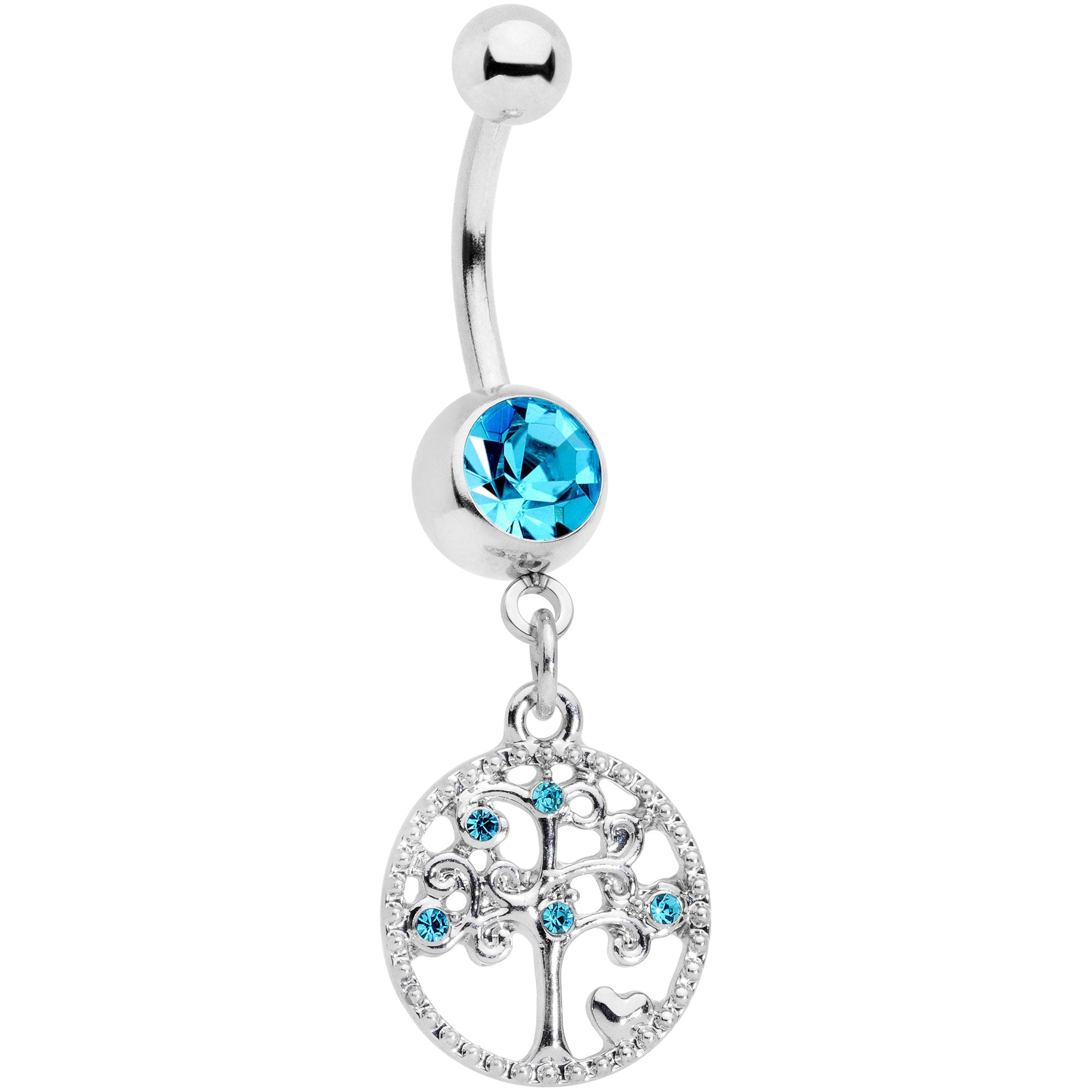 Aqua Gem Love Tree of Life Dangle Belly Ring