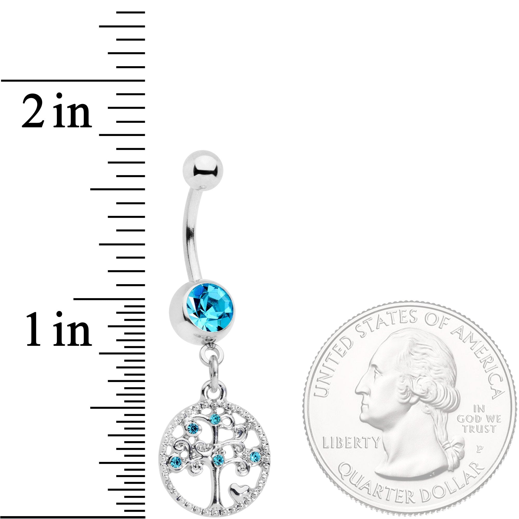 Aqua Gem Love Tree of Life Dangle Belly Ring