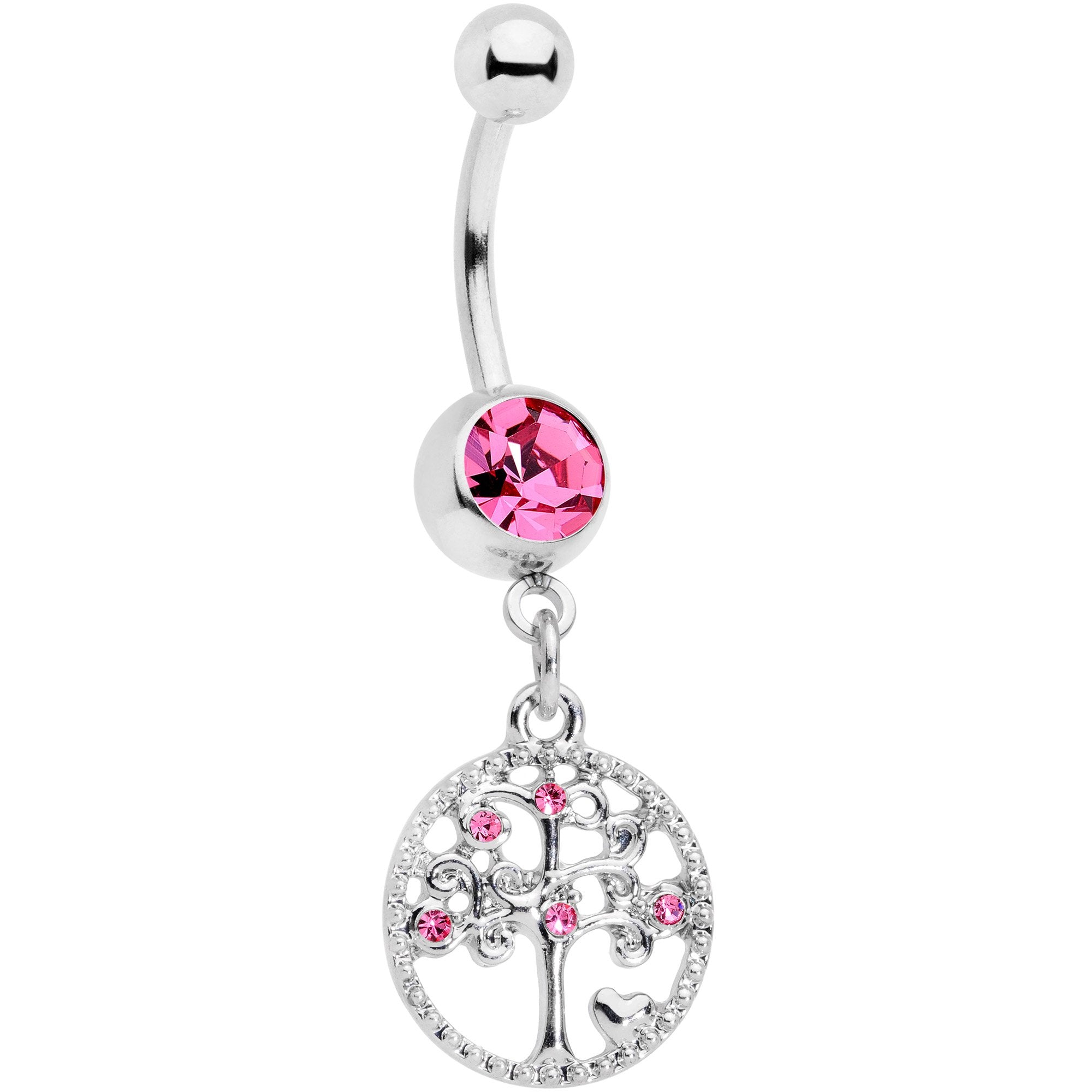 Pink Gem Love Tree of Life Dangle Belly Ring