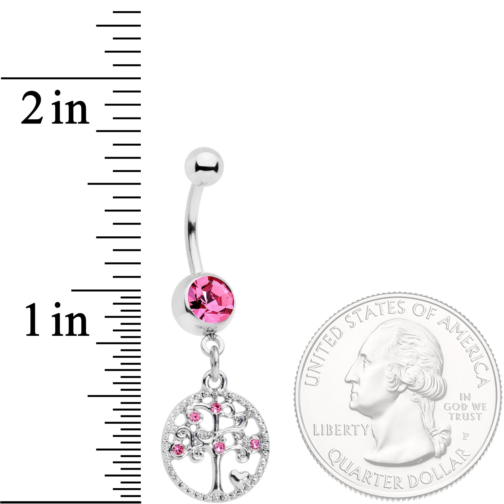 Pink Gem Love Tree of Life Dangle Belly Ring