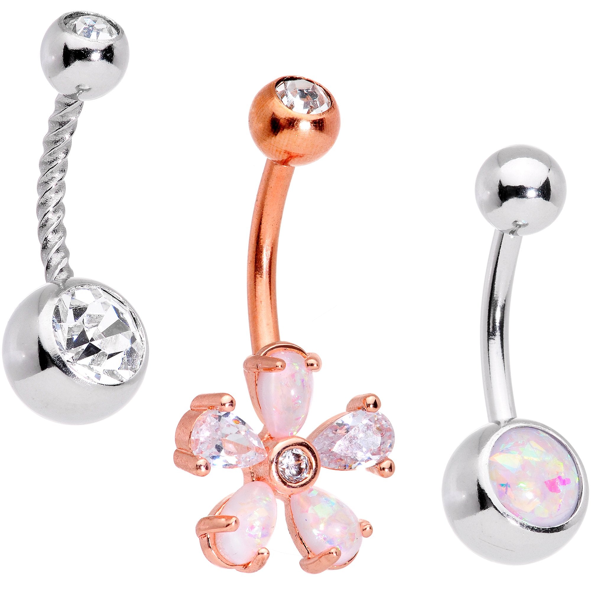 White Faux Opal Fun With Flowers Belly Ring Set of 3