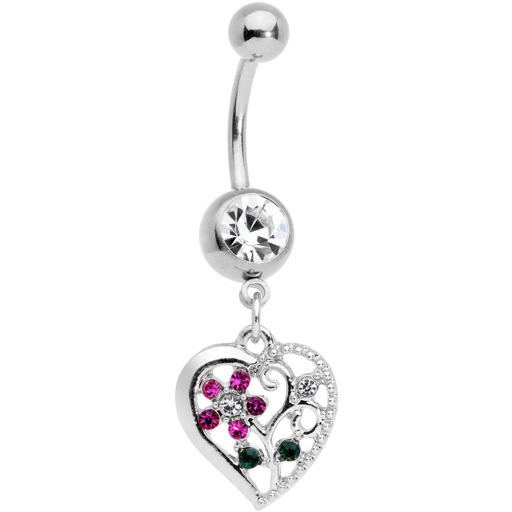 Clear Purple Gem Heart Spring Flower Dangle Belly Ring